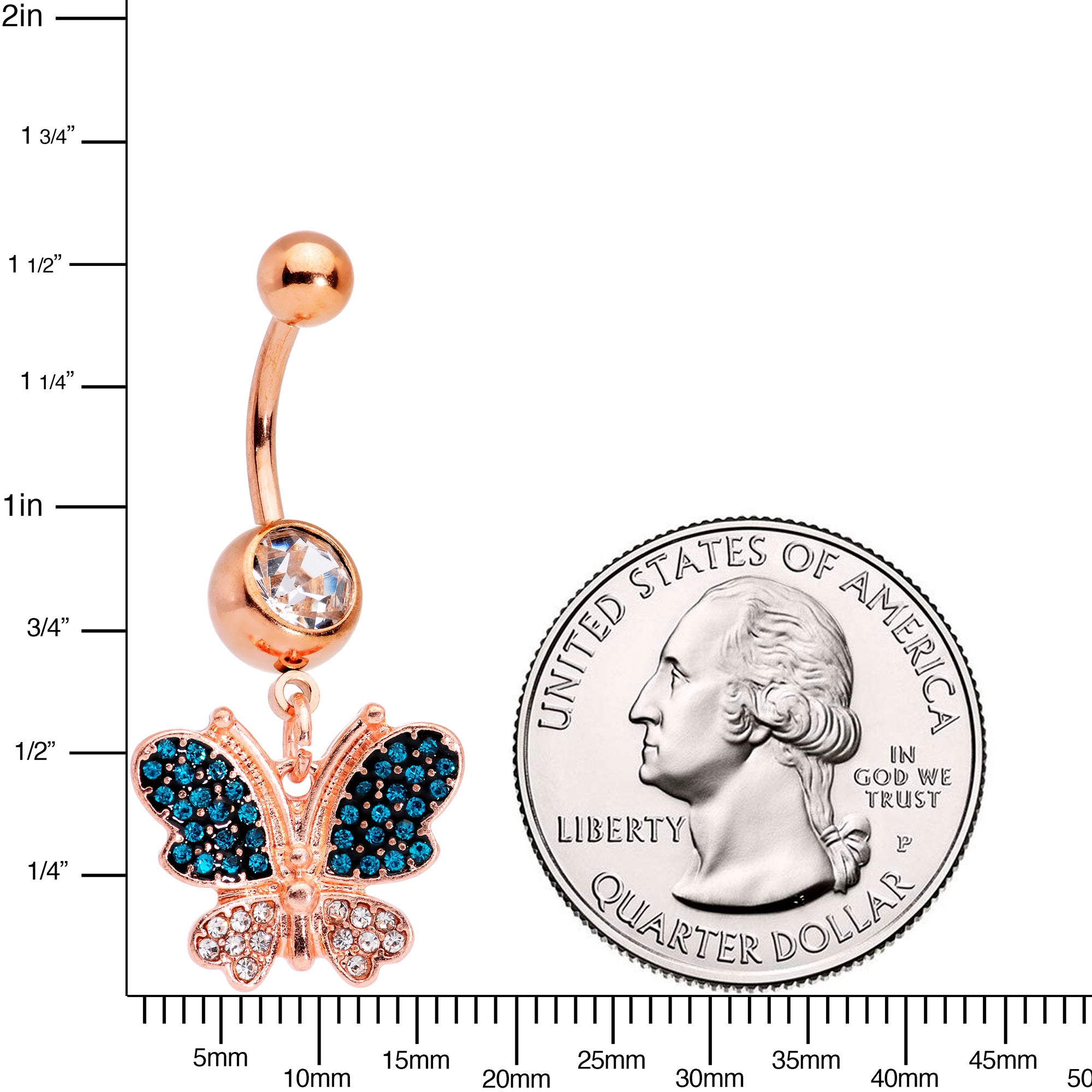 Clear Aqua Gems Rose Gold Tone Glam Butterfly Dangle Belly Ring