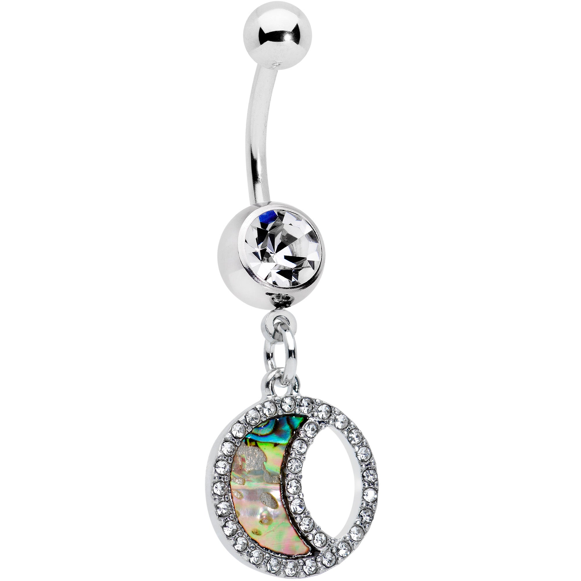 Clear Gem Iridescent Crescent Moon Dangle Belly Ring