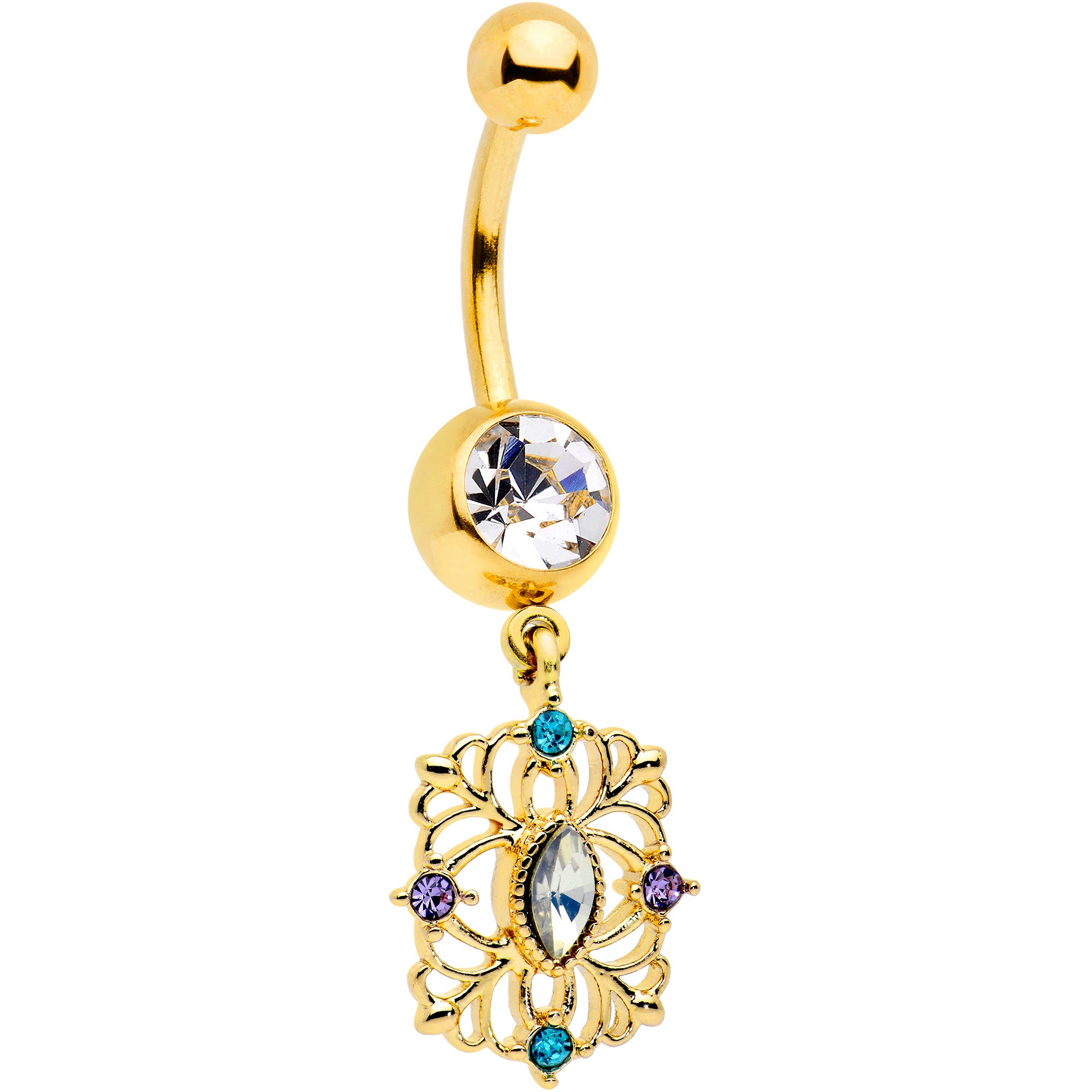 Gold Tone Jeweled Web Flower Dangle Belly Ring