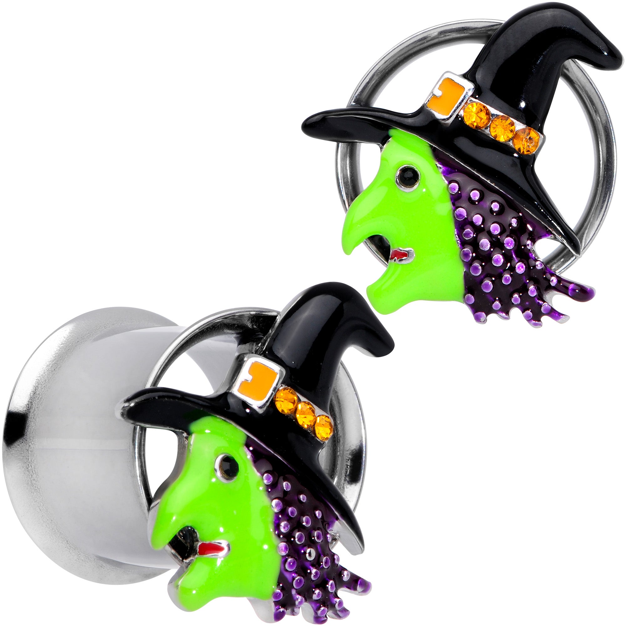 Orange Gem Green Witch Halloween Double Flare Tunnel Plug Set