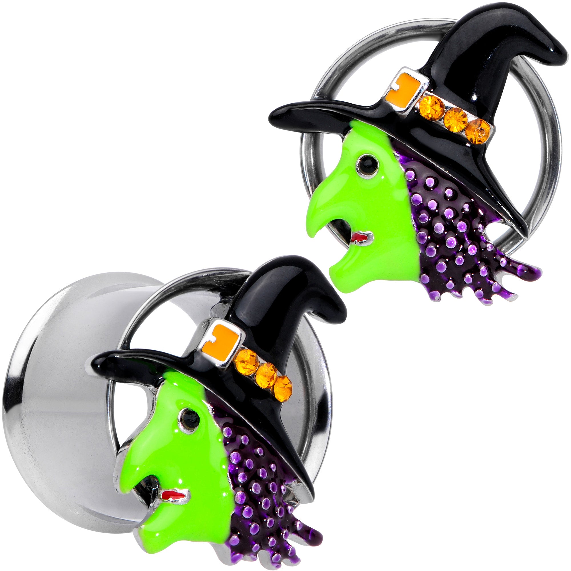 Orange Gem Green Witch Halloween Double Flare Tunnel Plug Set