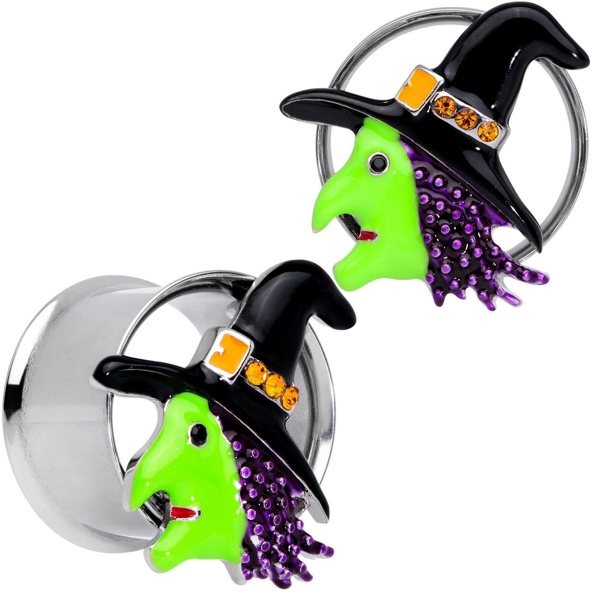 Orange Gem Green Witch Halloween Double Flare Tunnel Plug Set