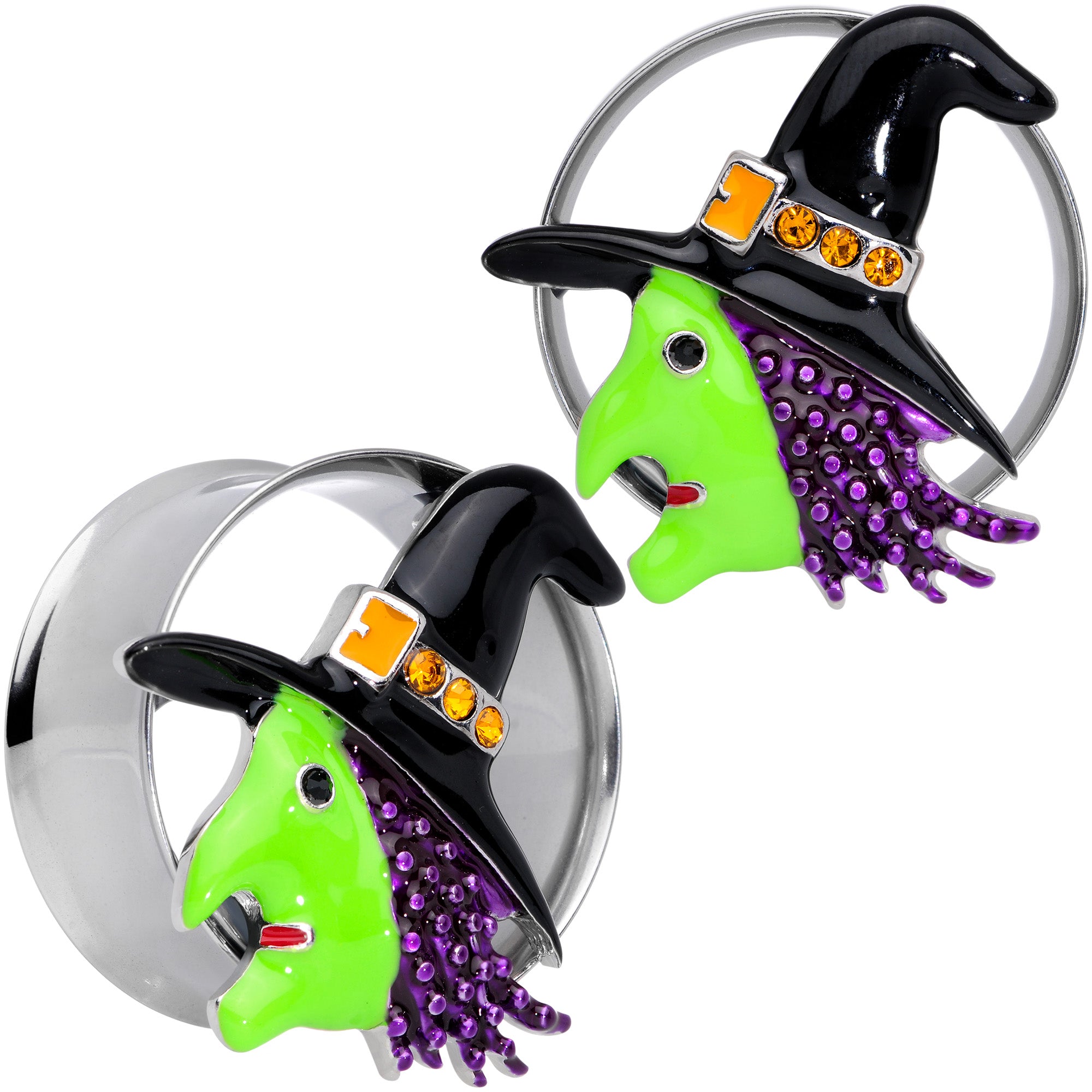 Orange Gem Green Witch Halloween Double Flare Tunnel Plug Set