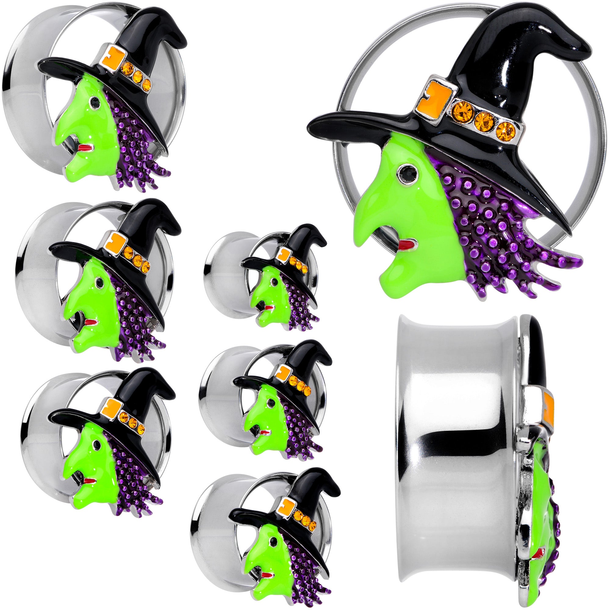 Orange Gem Green Witch Halloween Double Flare Tunnel Plug Set