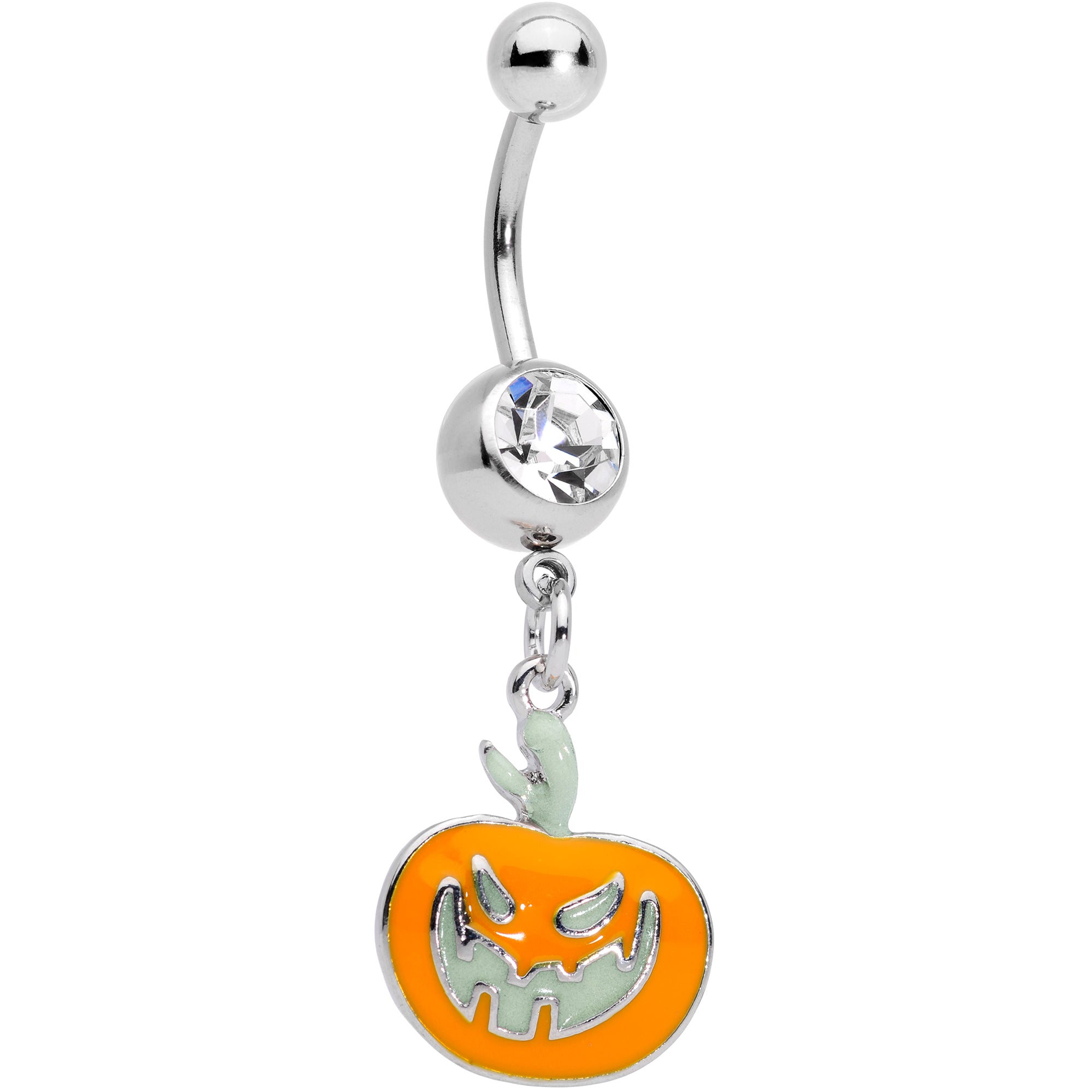 Clear Gem Fierce Pumpkin Jack O Lantern Halloween Dangle Belly Ring