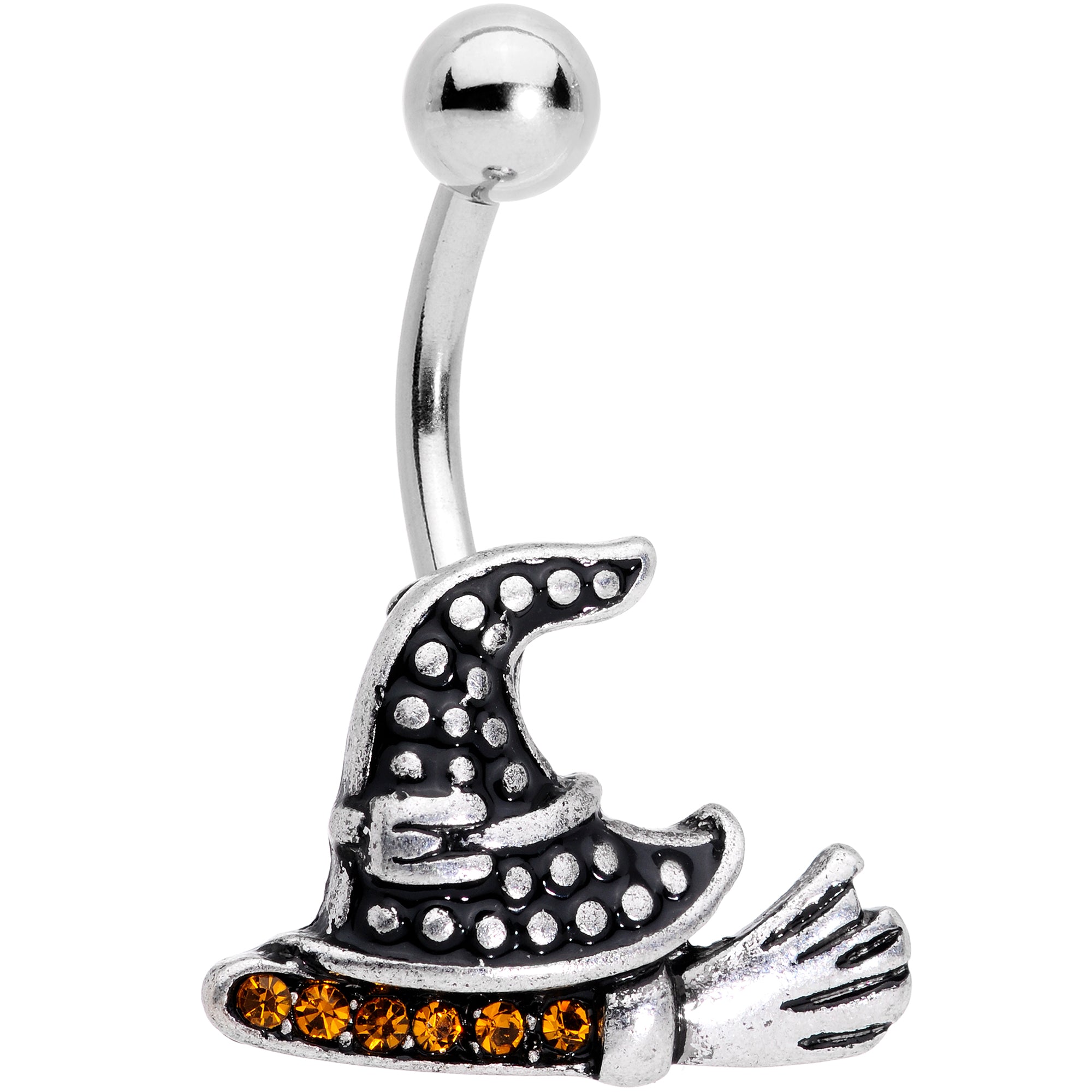 Yellow Gem Witch Hat Broom Halloween Belly Ring