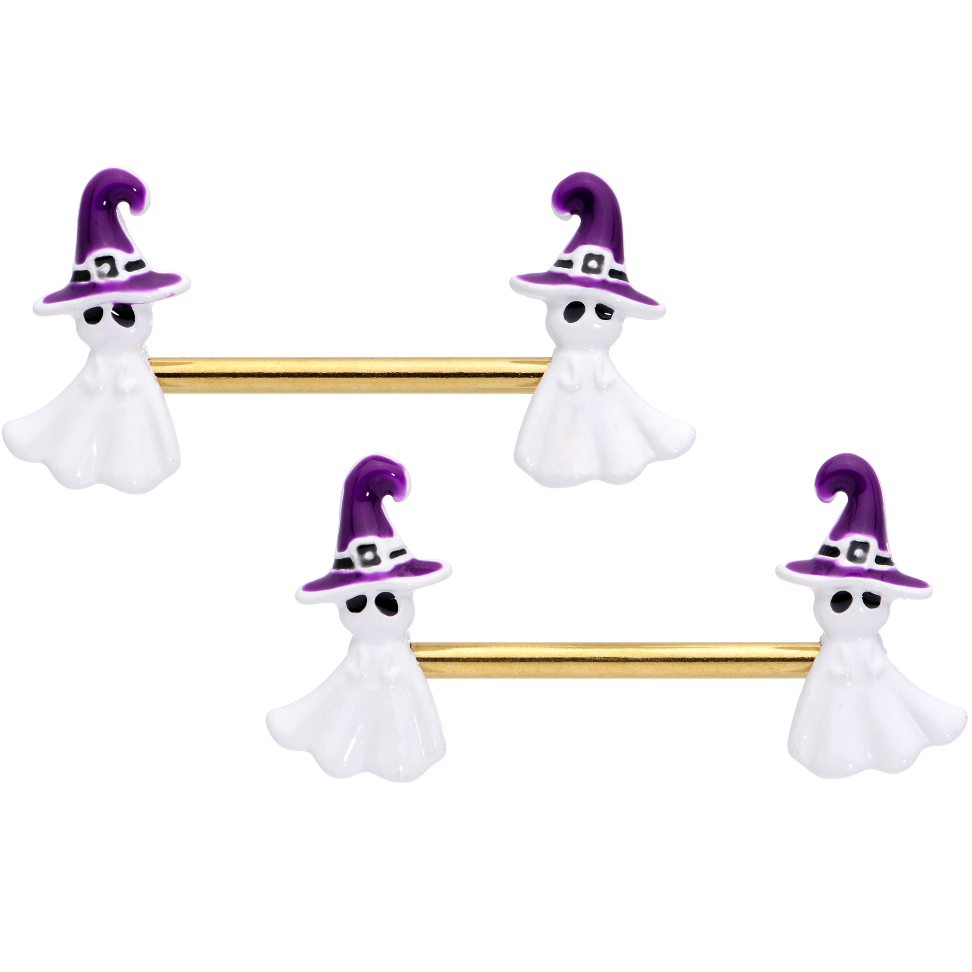 14 Gauge 9/16 Gold Tone Ghost Witch Halloween Barbell Nipple Ring Set