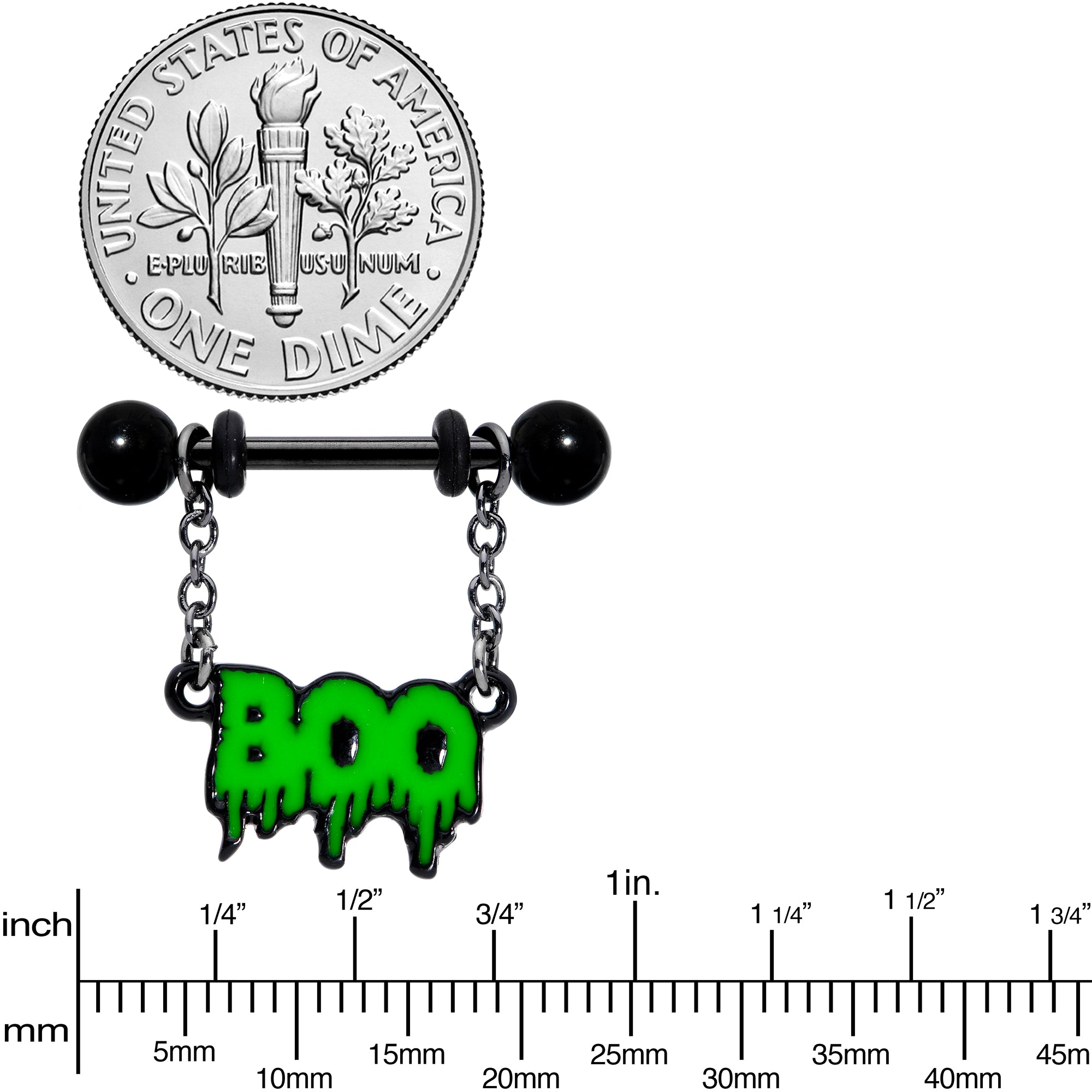 14 Gauge 9/16 Green Spooky Boo Halloween Chain Dangle Nipple Ring Set