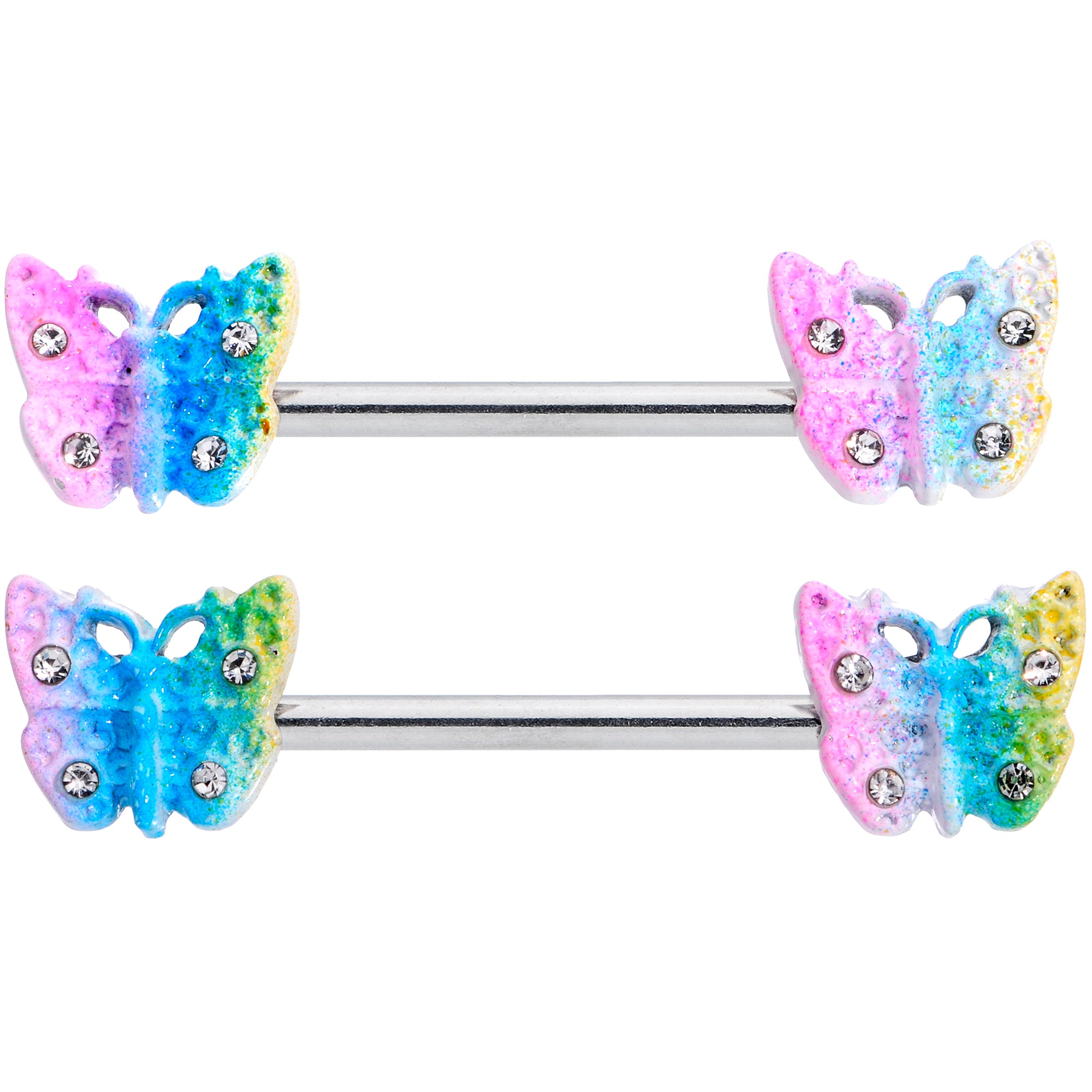 14 Gauge 9/16 Clear Gem Baroque Rainbow Butterfly Nipple Ring Set