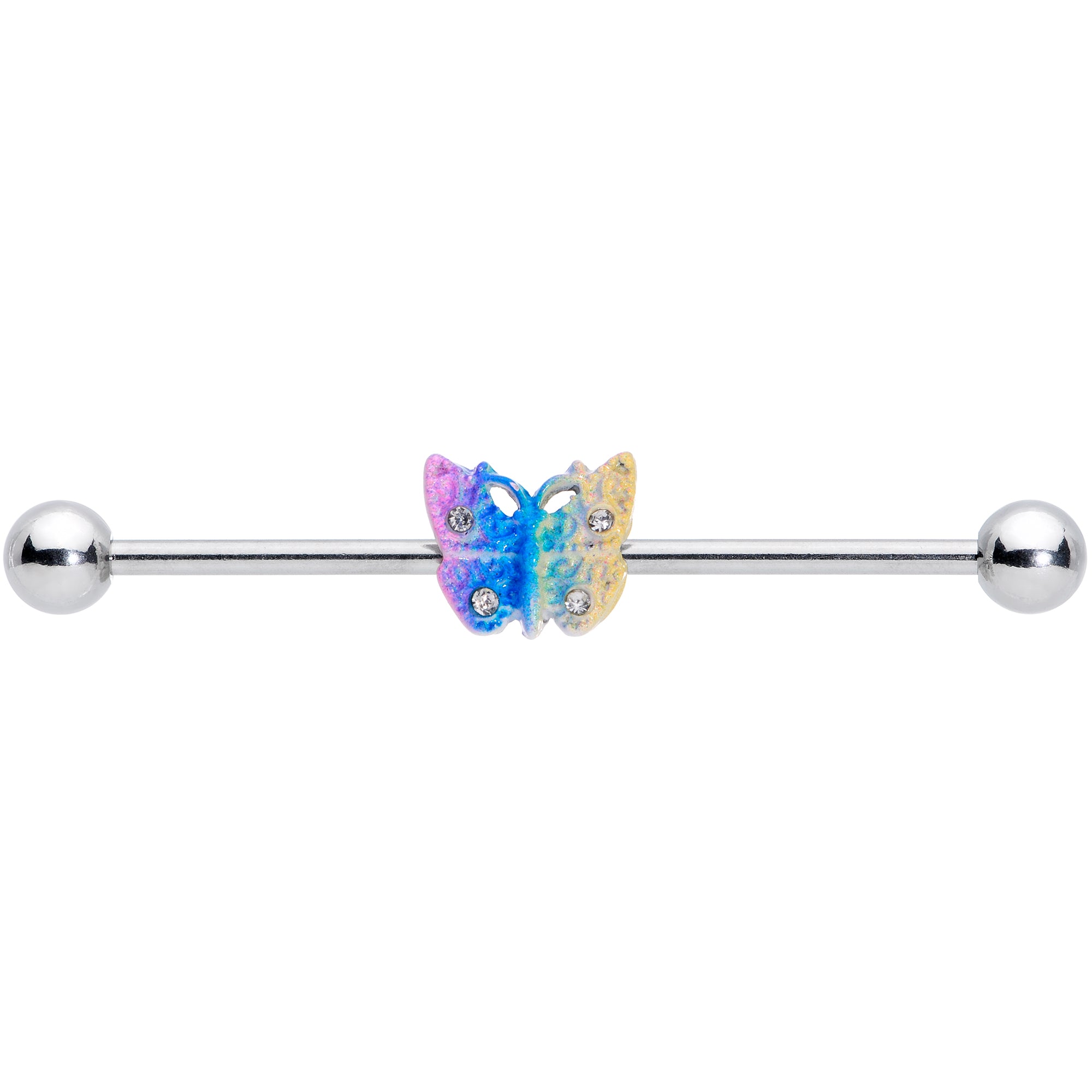 14 Gauge Clear Gem Baroque Rainbow Butterfly Industrial Barbell 38mm