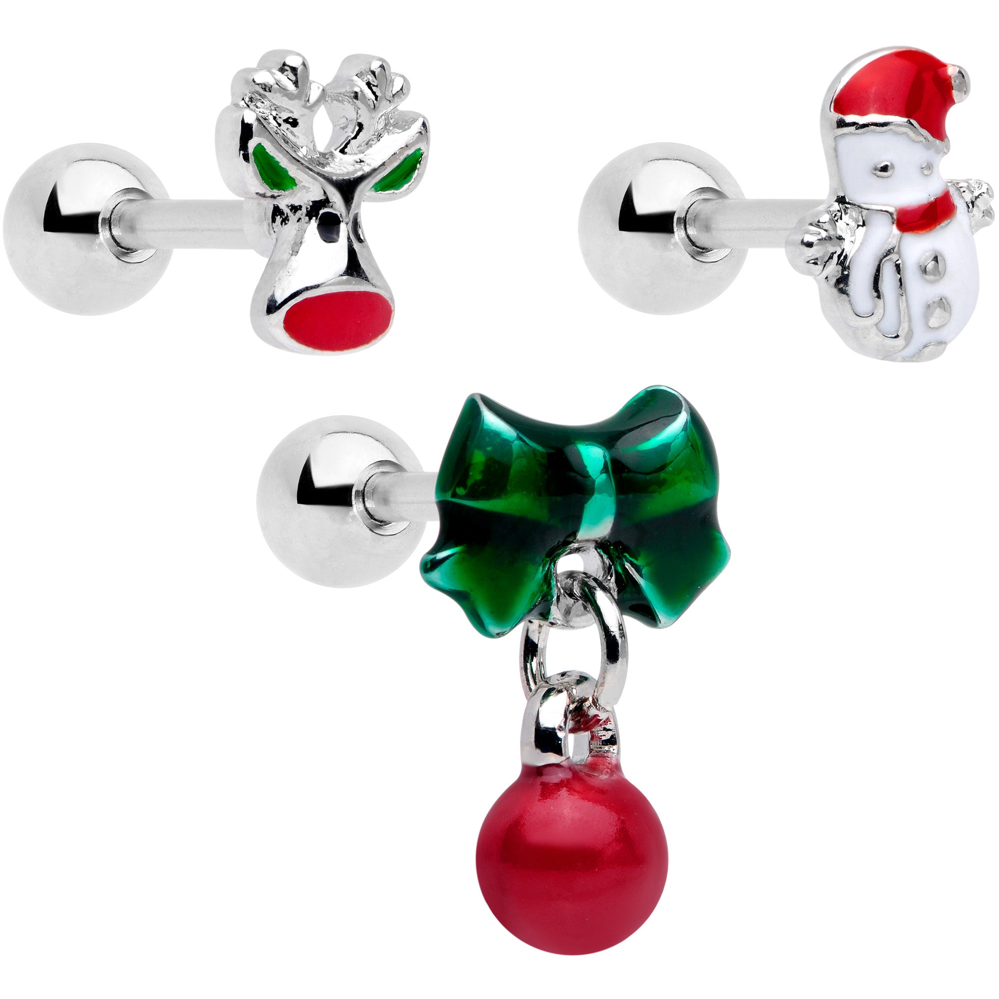 16 Gauge 1/4 Reindeer Snowman Christmas Dangle Cartilage Tragus Set of 3