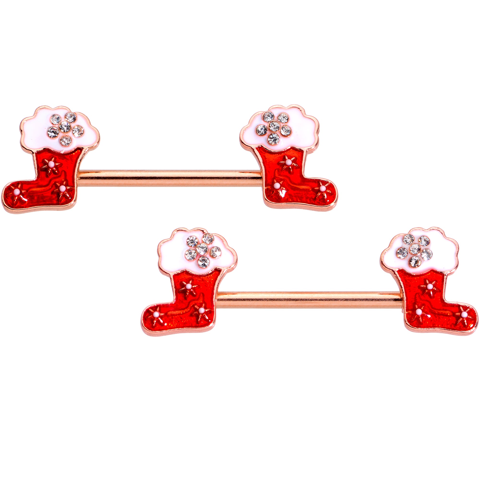 14 Gauge 9/16 Rose Gold Tone Stocking Christmas Nipple Ring Set