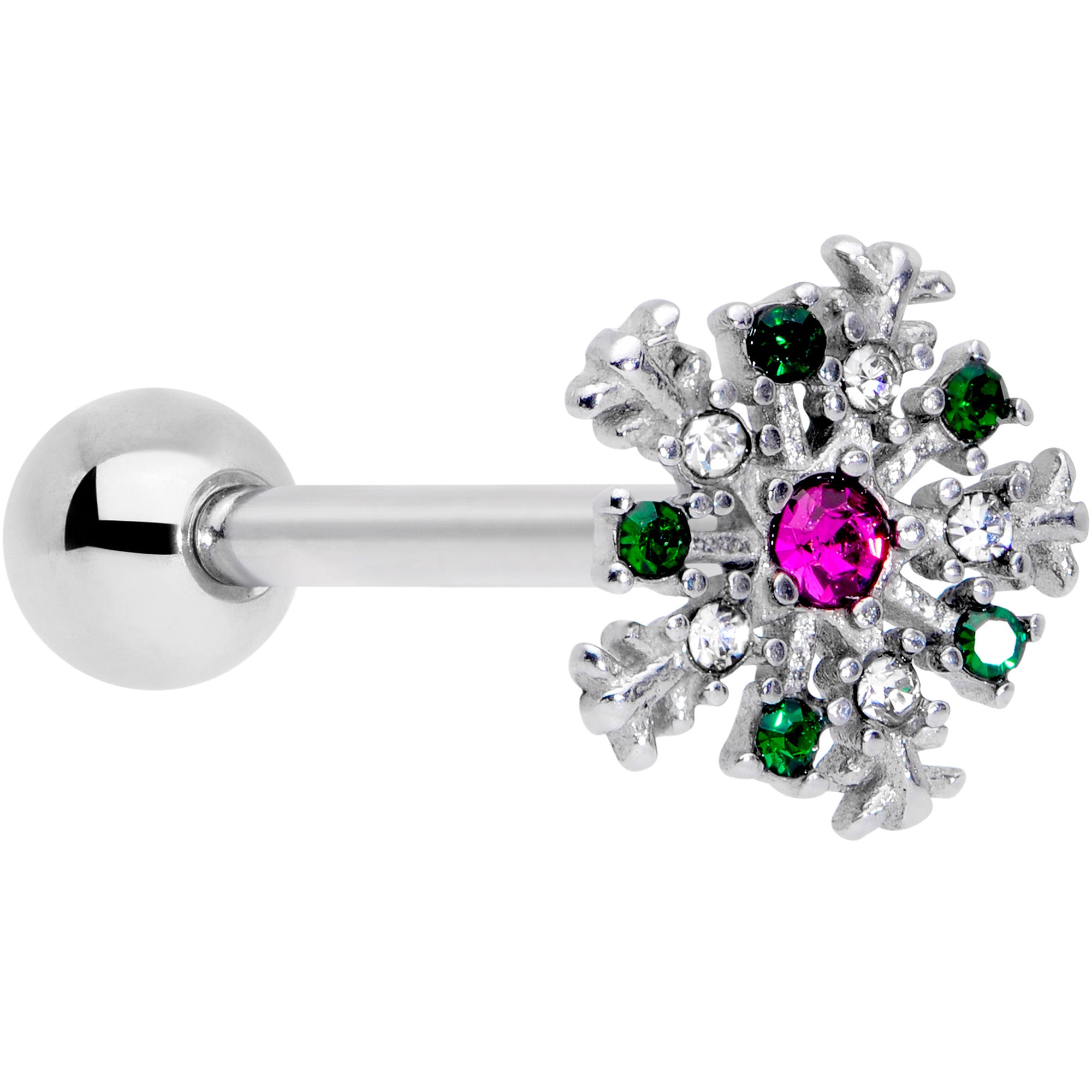 Clear Pink Green Gem Snowflake Christmas Barbell Tongue Ring