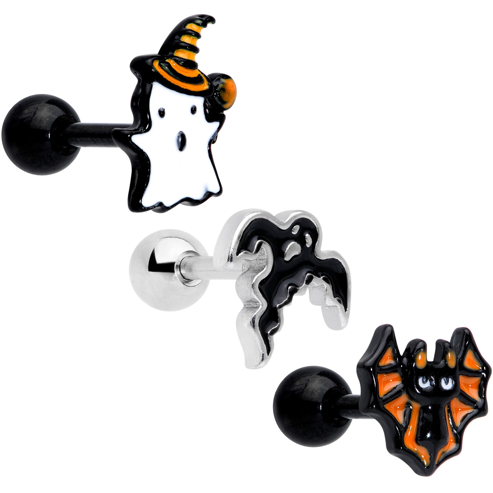 16 Gauge 1/4 Black Ghosts Hat Bat Halloween Cartilage Tragus Set of 3