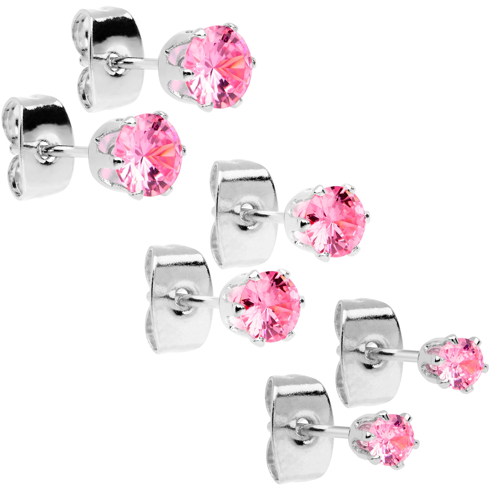 20 Gauge Pink CZ Gem 3mm to 5mm Post Stud Earring Set of 3