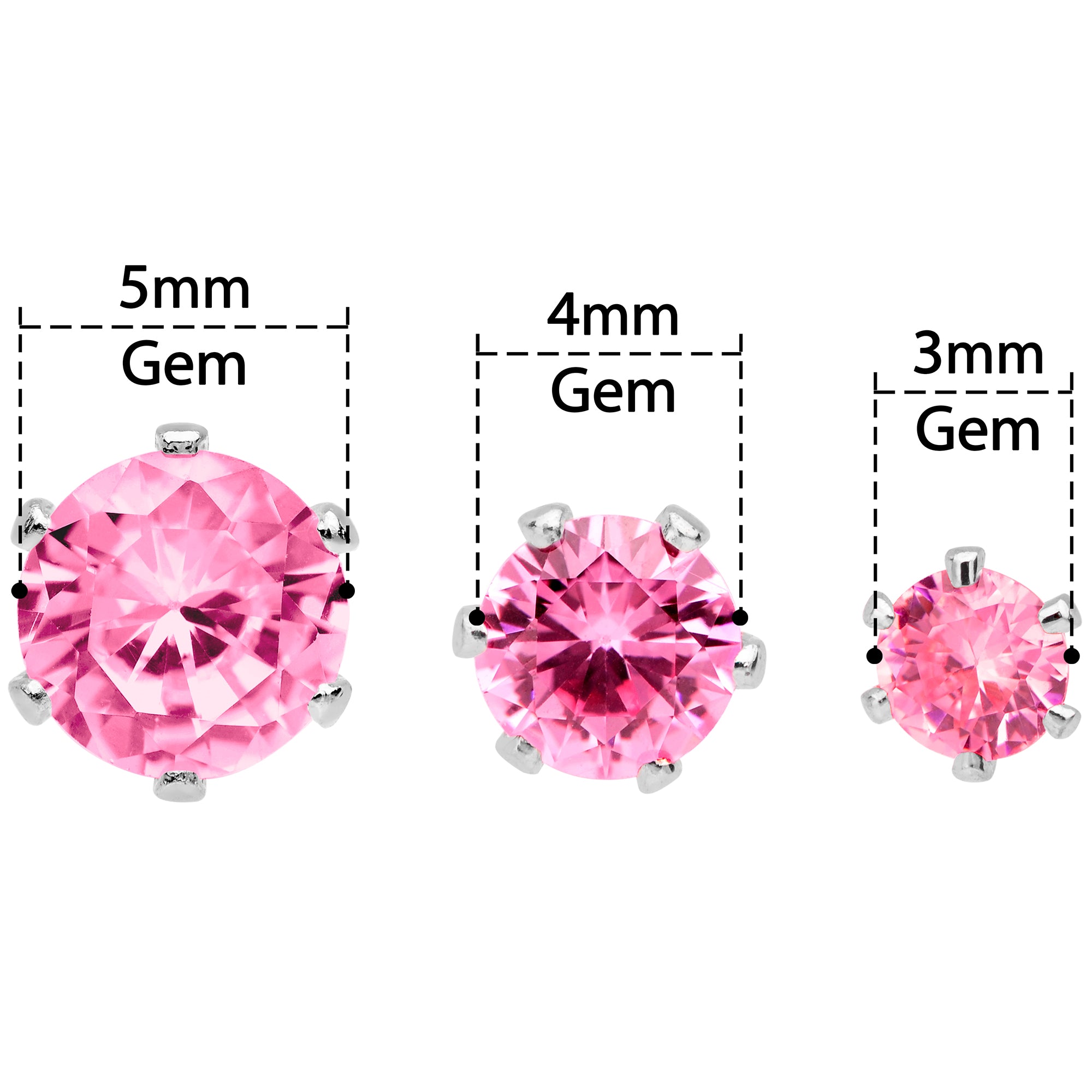 20 Gauge Pink CZ Gem 3mm to 5mm Post Stud Earring Set of 3