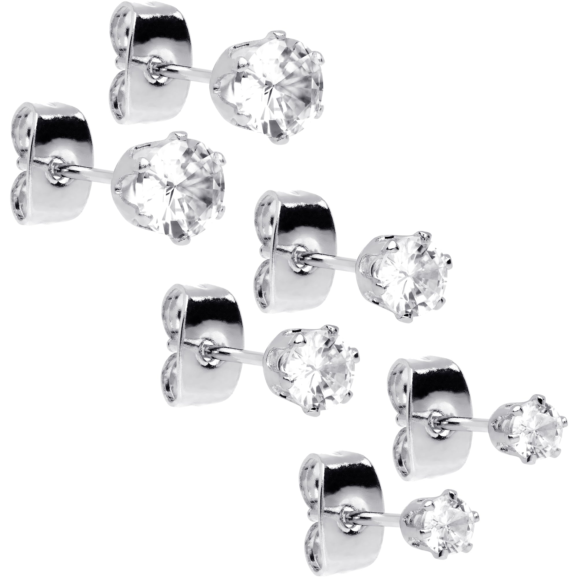 20 Gauge Clear CZ Gem 3mm to 5mm Post Stud Earring Set of 3