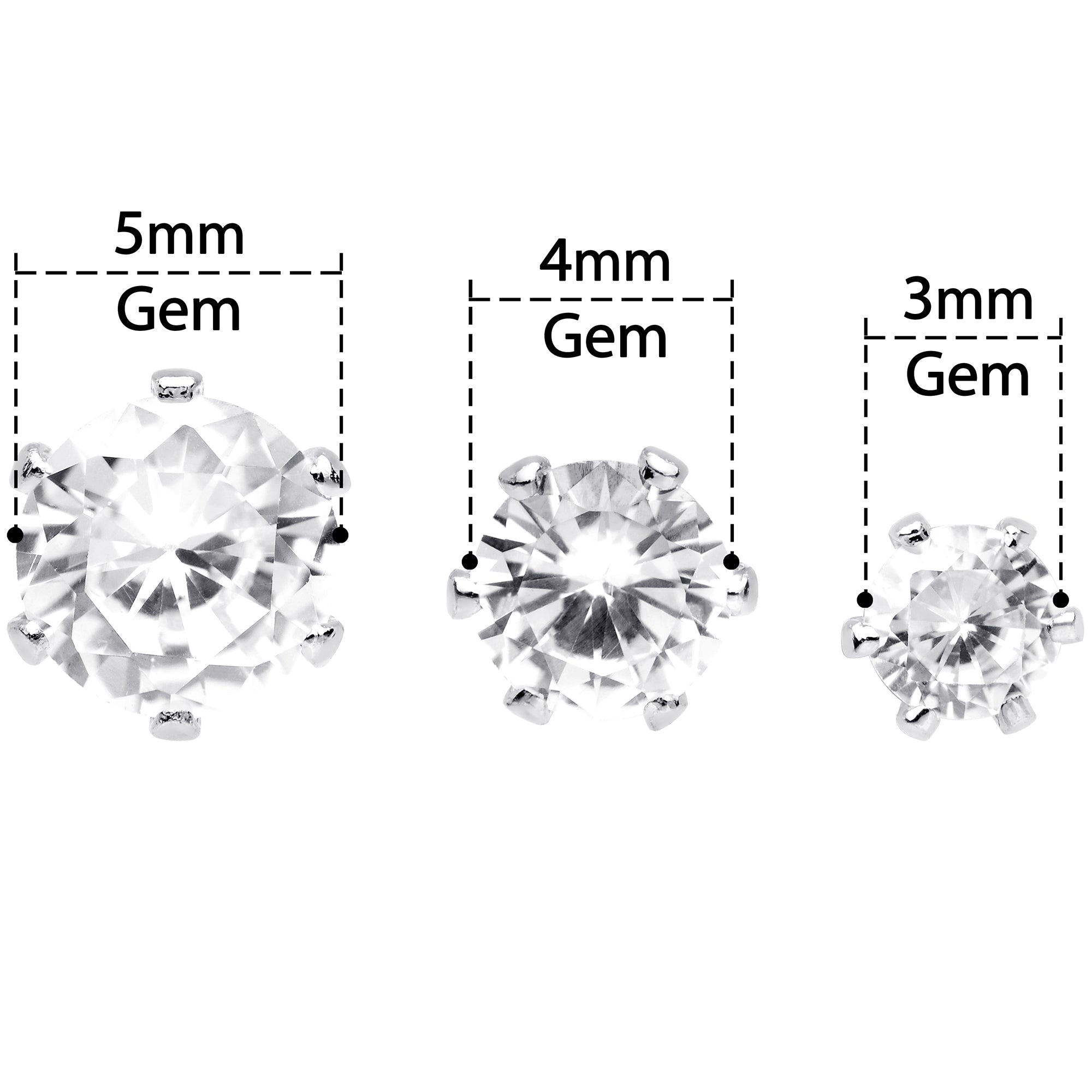 20 Gauge Clear CZ Gem 3mm to 5mm Post Stud Earring Set of 3
