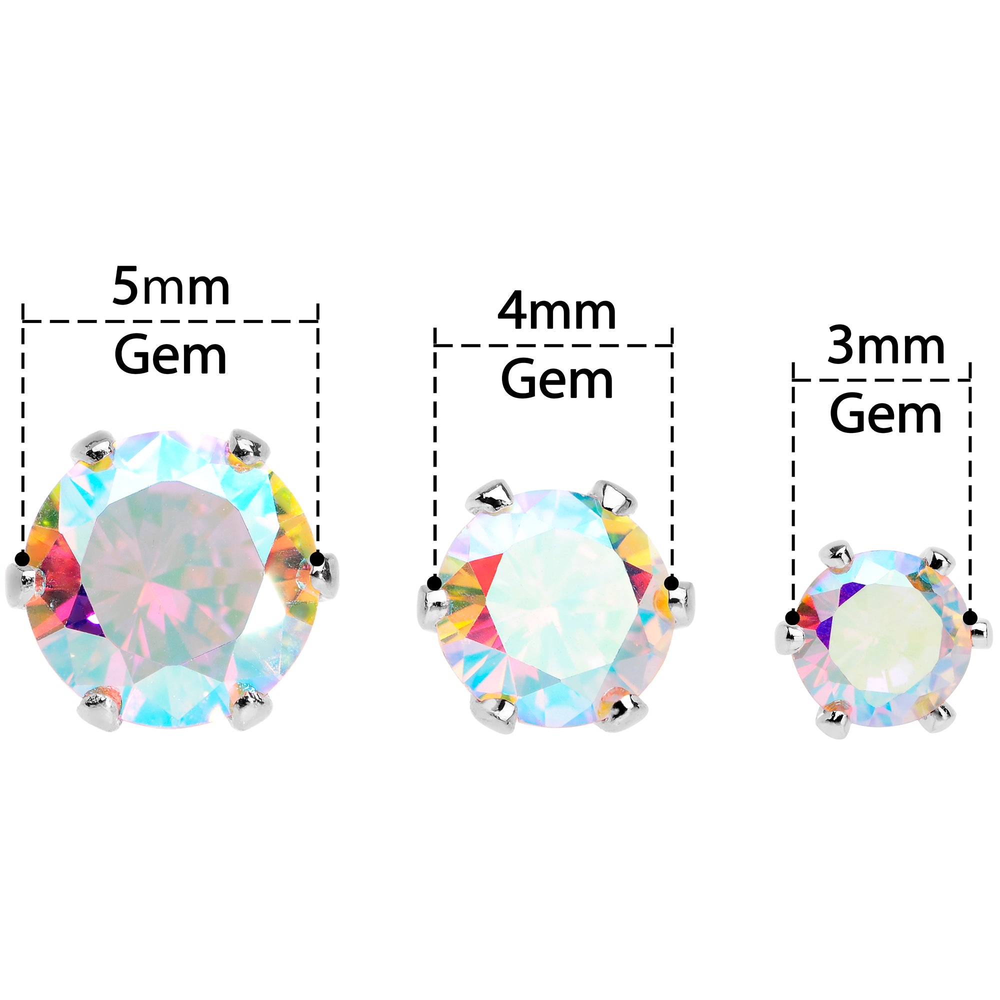 20 Gauge Aurora CZ Gem 3mm to 5mm Post Stud Earring Set of 3