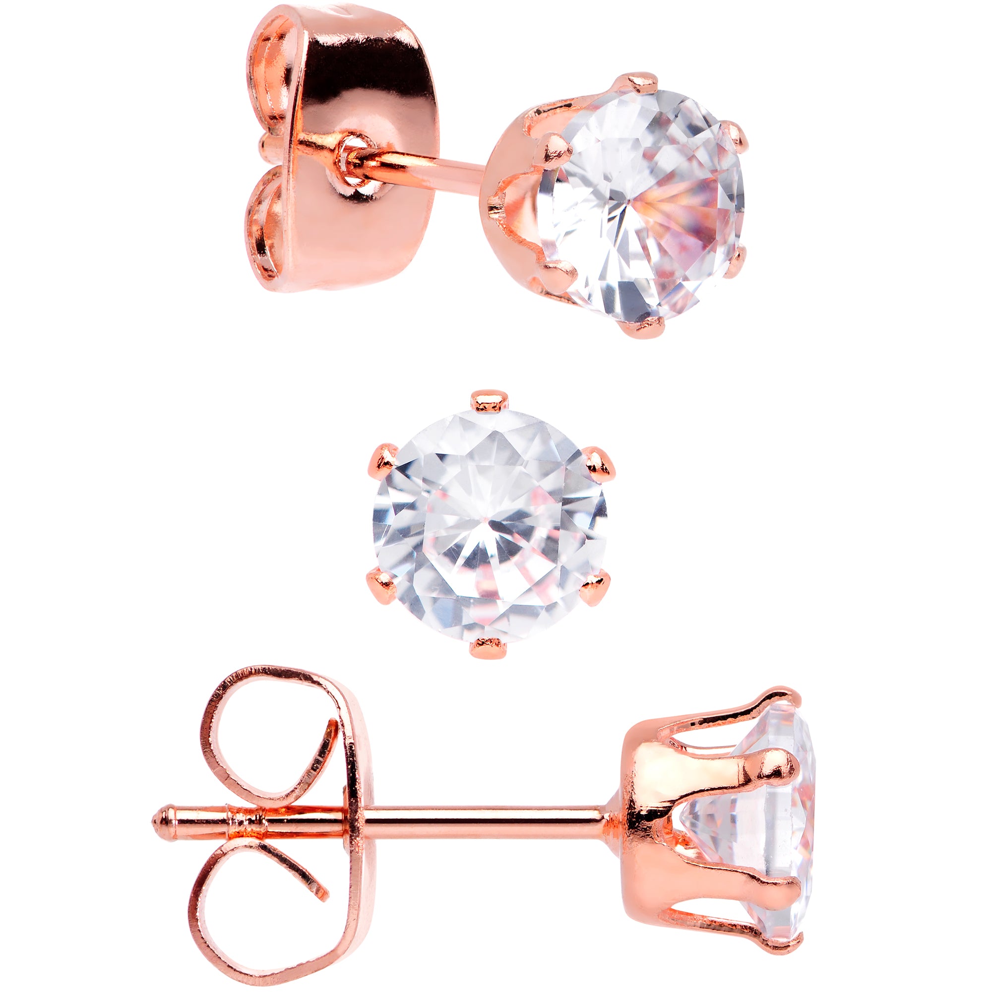 20 Gauge Clear CZ Gem Rose Gold Tone Post Stud Earring Set of 3