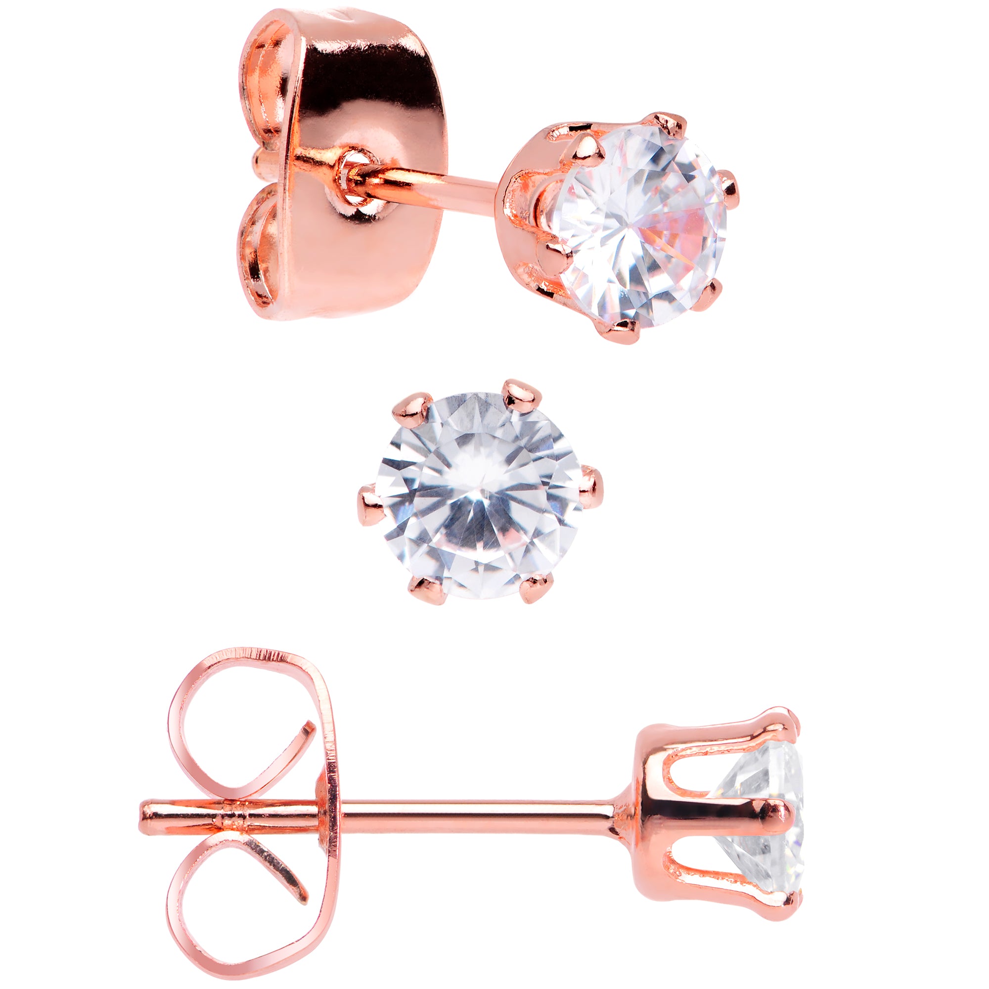 20 Gauge Clear CZ Gem Rose Gold Tone Post Stud Earring Set of 3