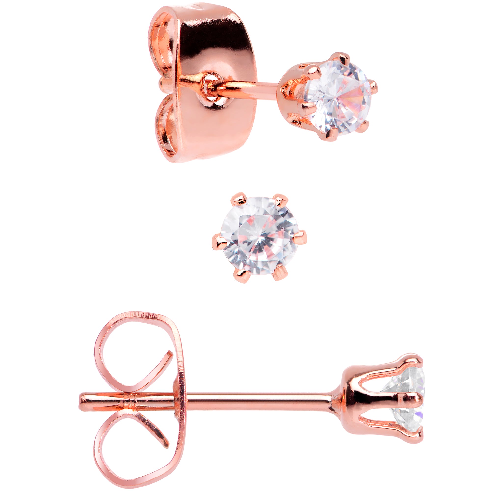 20 Gauge Clear CZ Gem Rose Gold Tone Post Stud Earring Set of 3