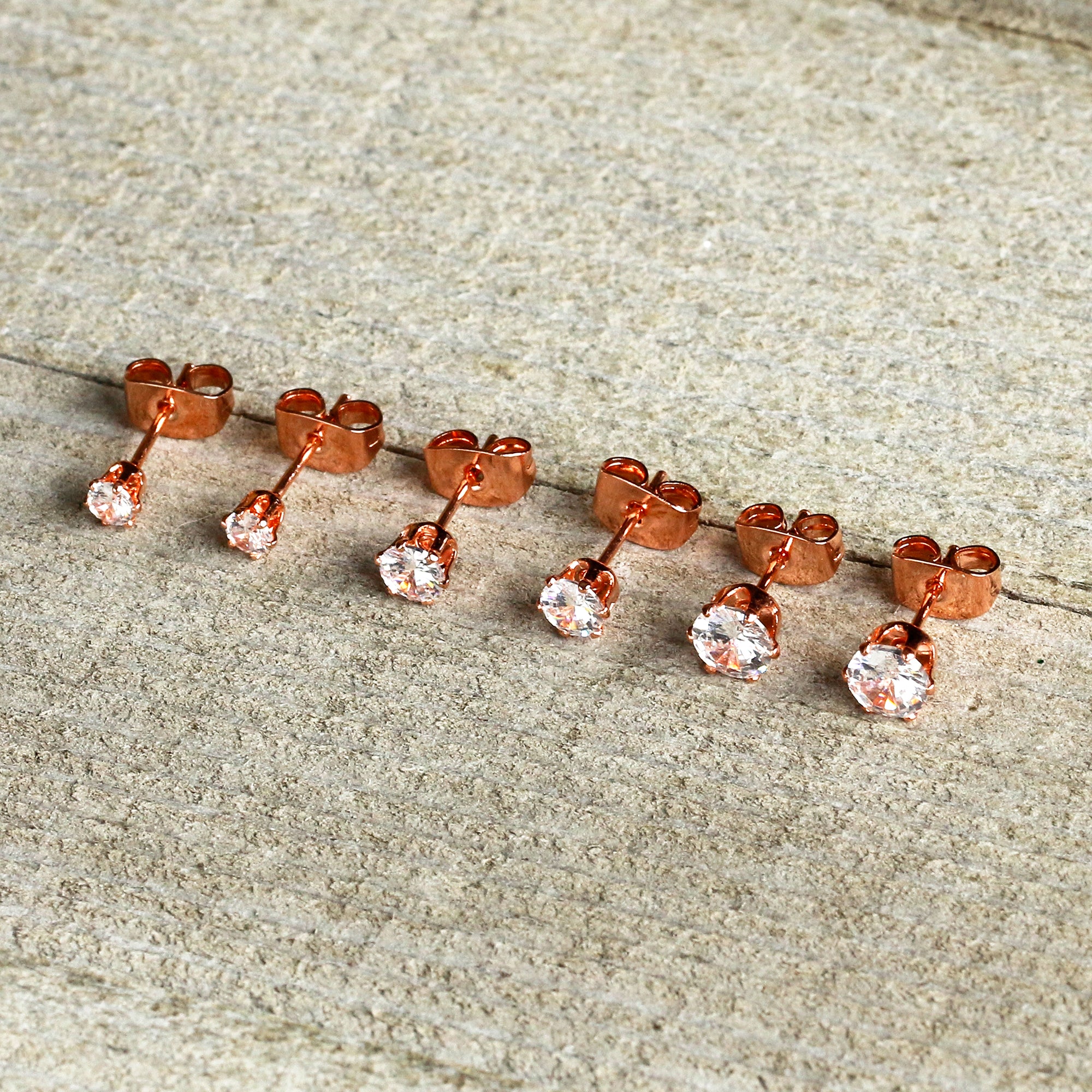 20 Gauge Clear CZ Gem Rose Gold Tone Post Stud Earring Set of 3