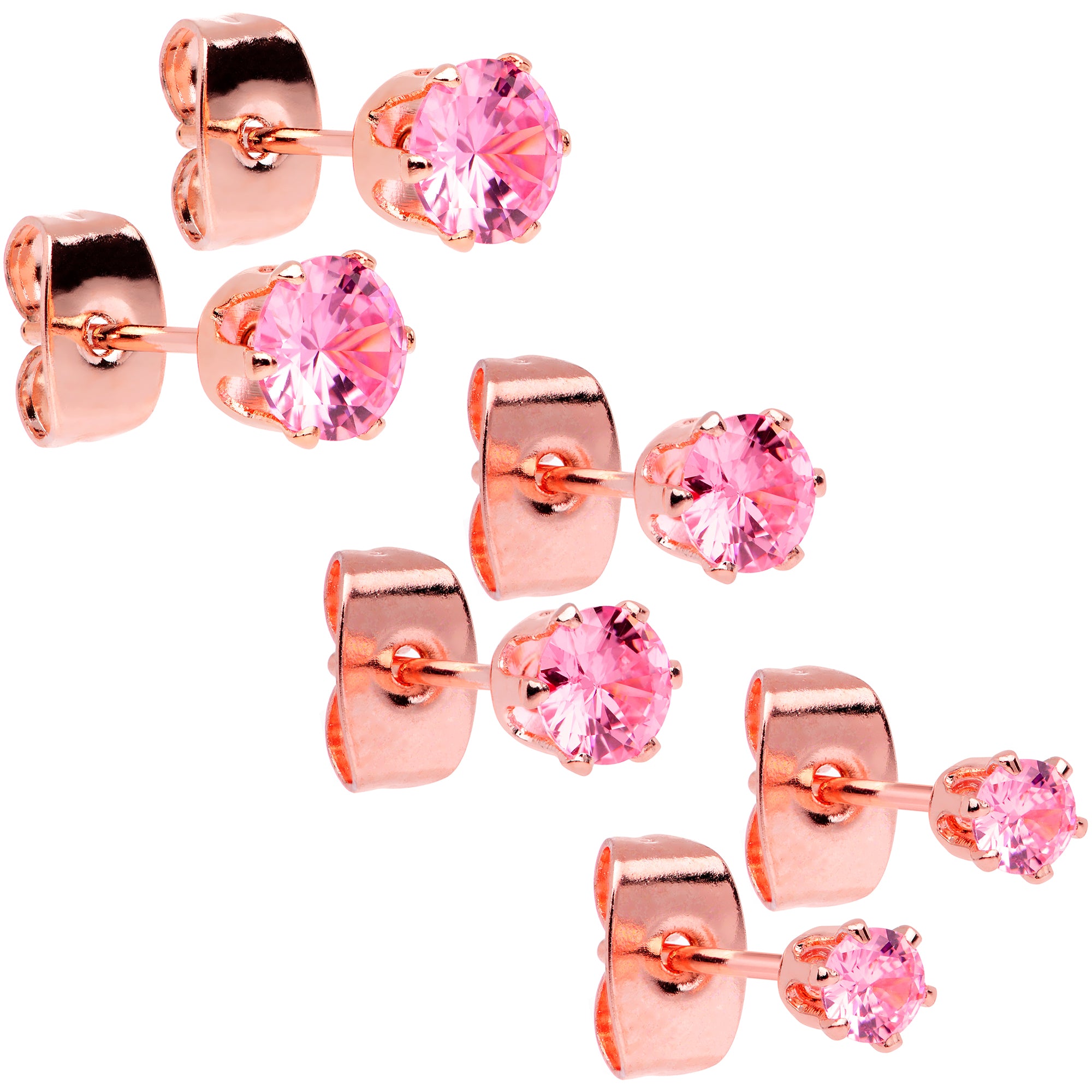 20 Gauge Pink CZ Gem Rose Gold Tone Post Stud Earring Set of 3