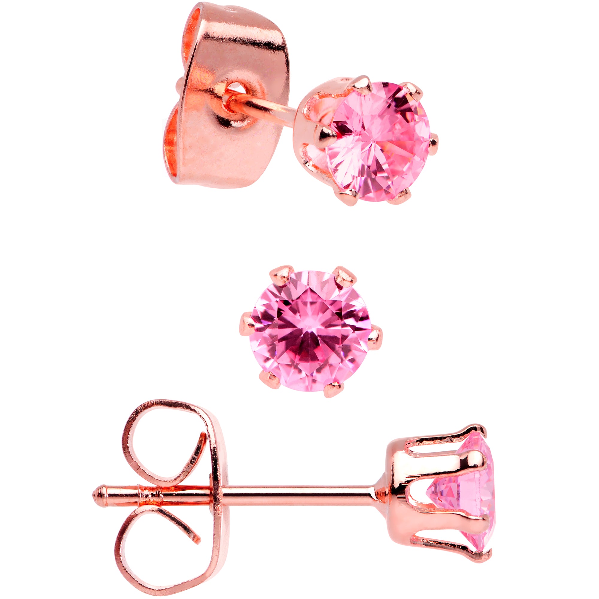 20 Gauge Pink CZ Gem Rose Gold Tone Post Stud Earring Set of 3