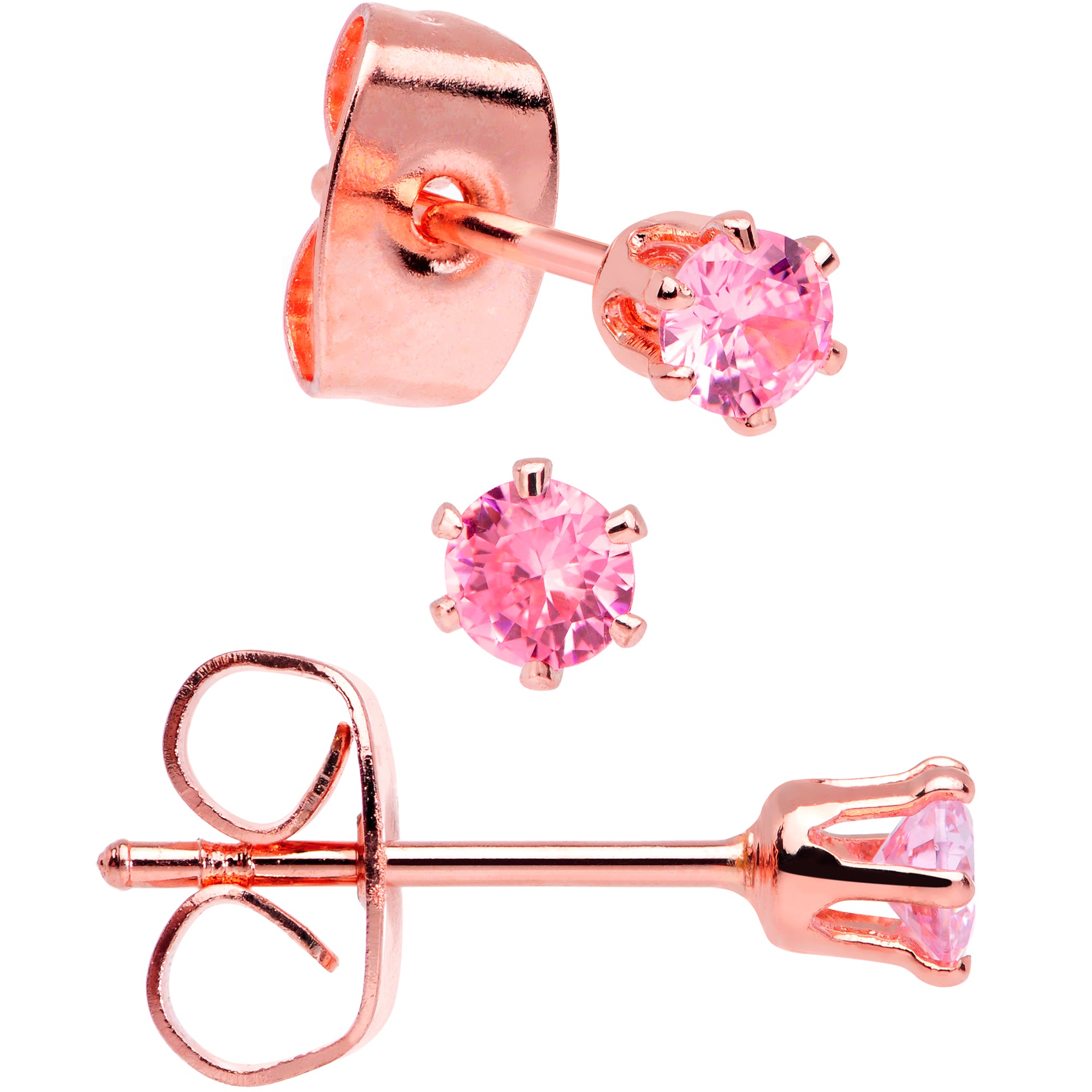 20 Gauge Pink CZ Gem Rose Gold Tone Post Stud Earring Set of 3