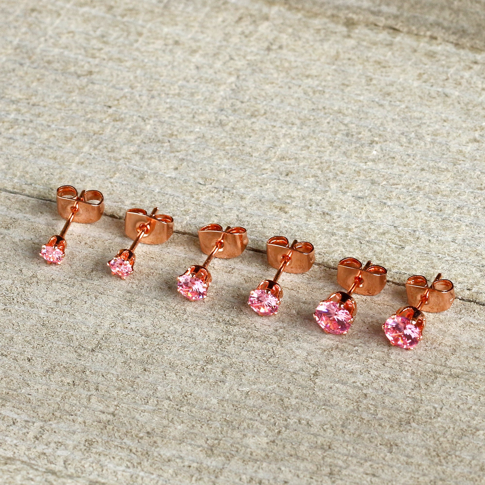 20 Gauge Pink CZ Gem Rose Gold Tone Post Stud Earring Set of 3