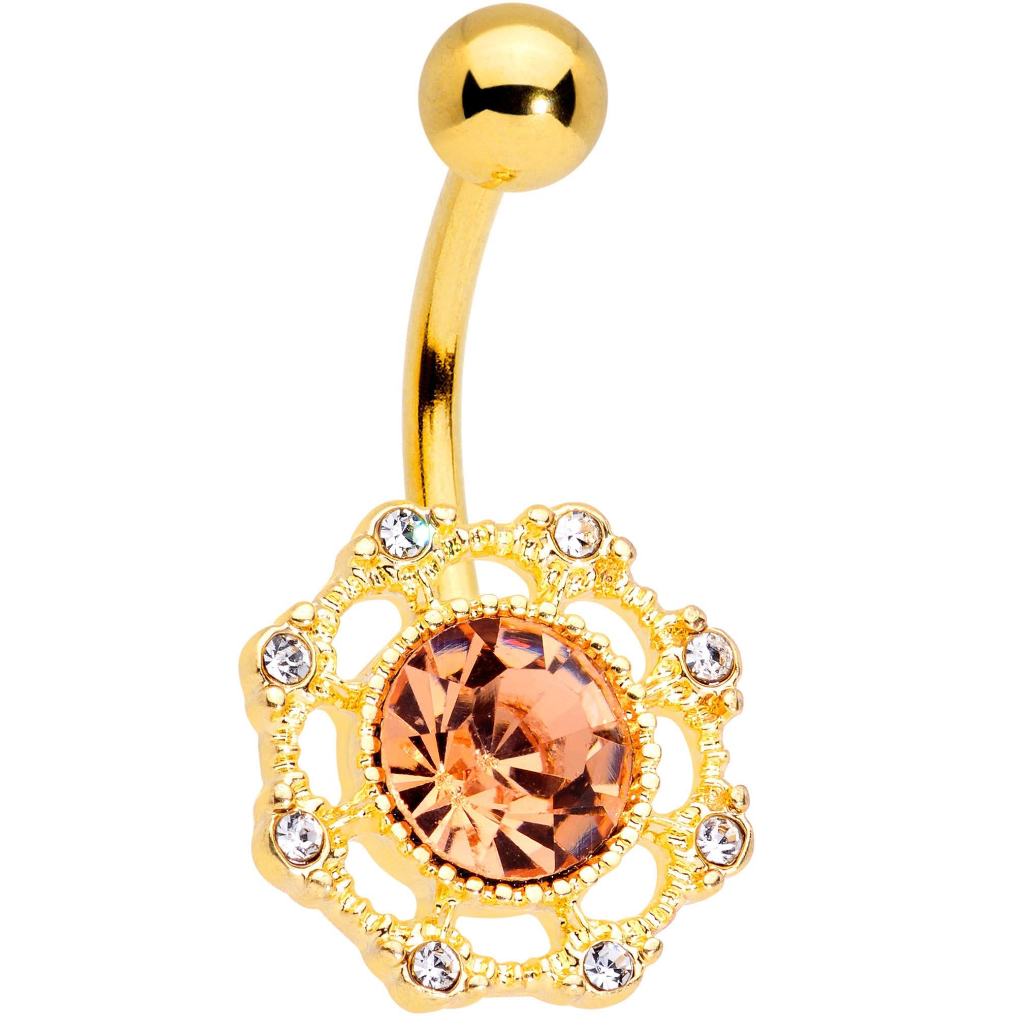 Clear Pink CZ Gem Gold Tone Sunburst Belly Ring