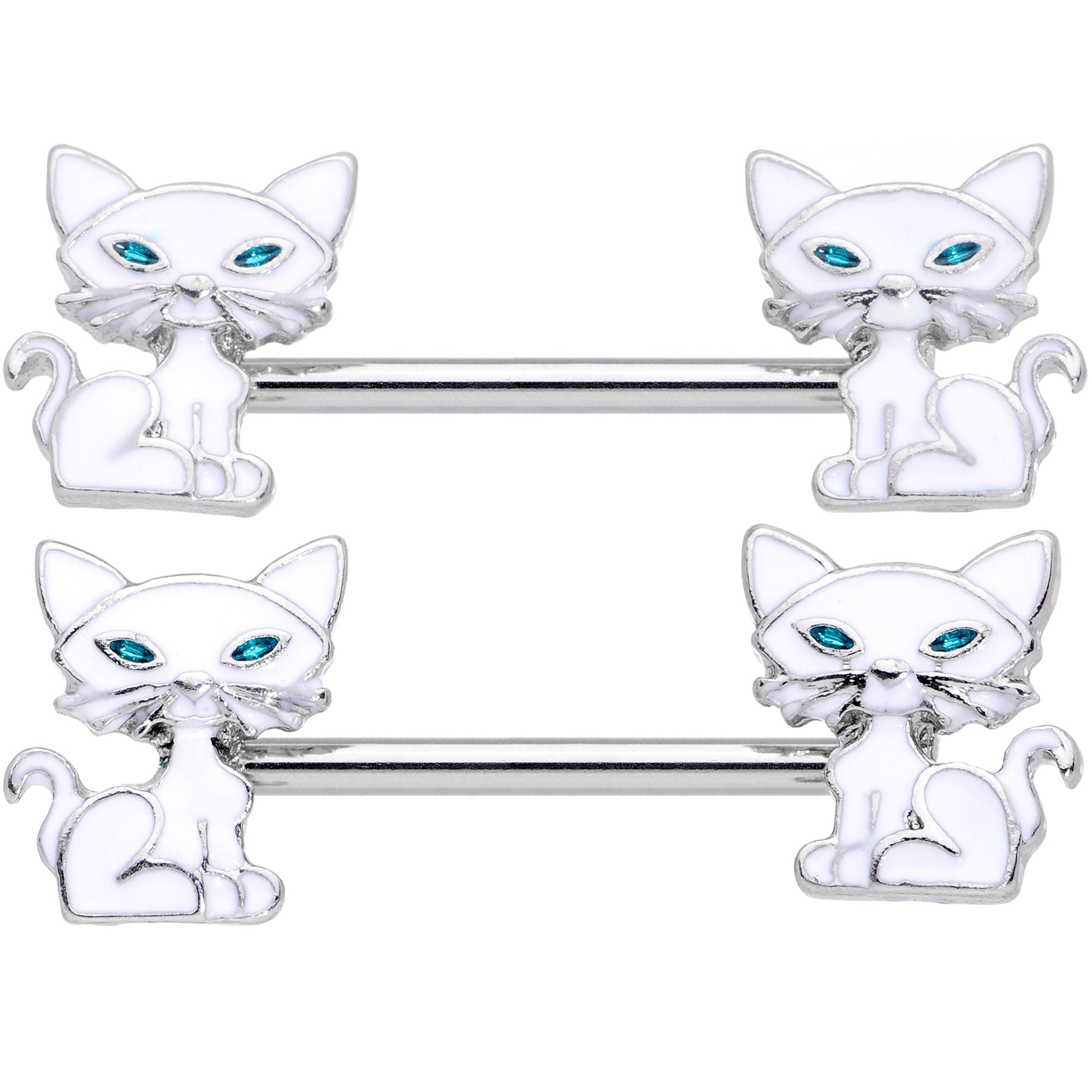 14 Gauge 9/16 Blue Eyed White Cat Barbell Nipple Ring Set