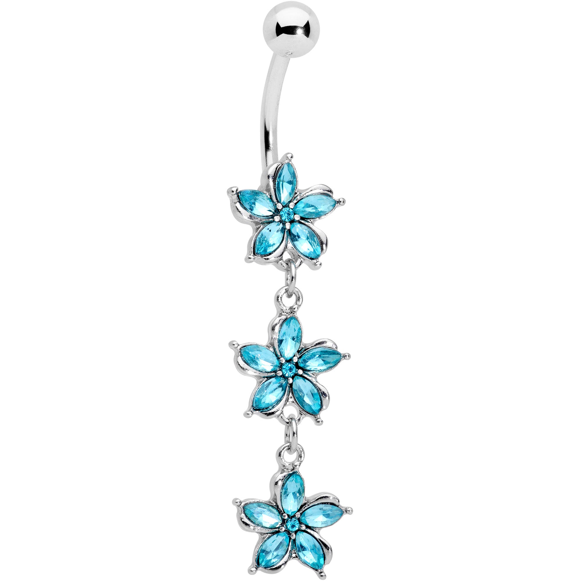 Aqua Gem Flower Trio Dangle Belly Ring