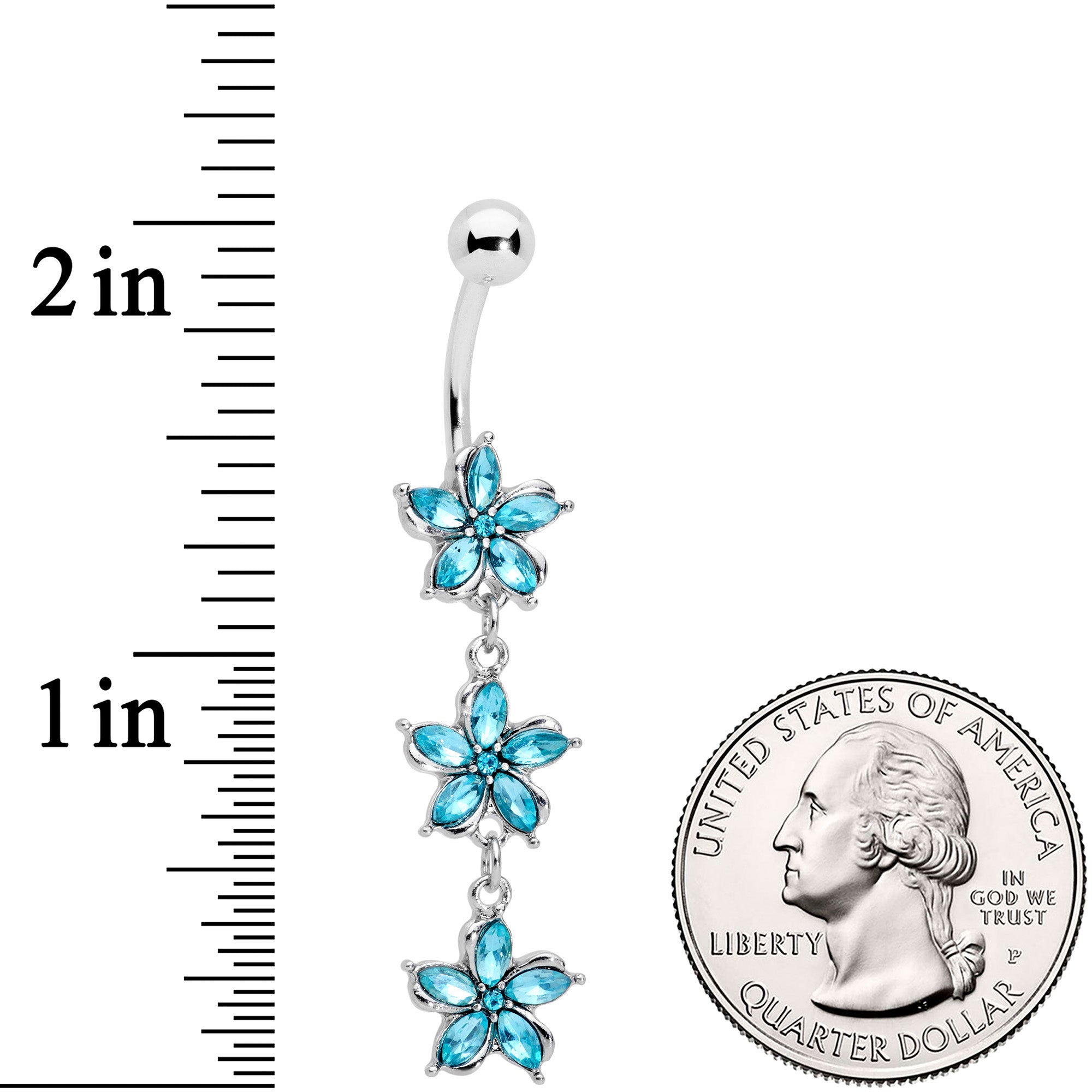 Aqua Gem Flower Trio Dangle Belly Ring