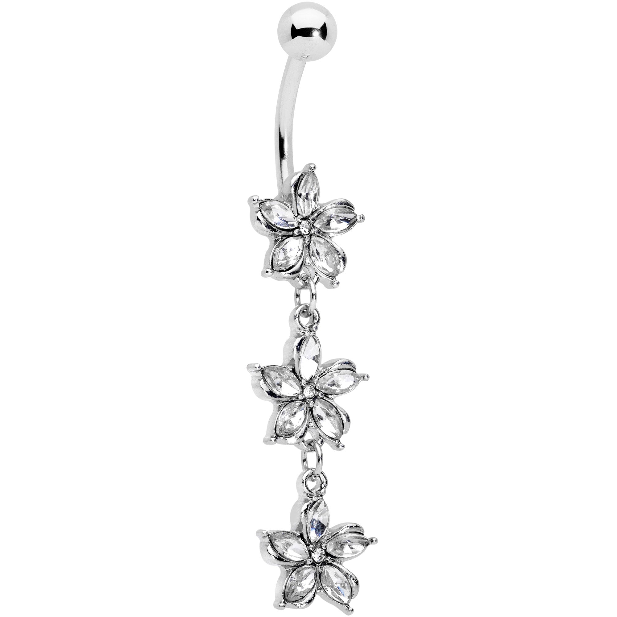 Clear Gem Flower Trio Dangle Belly Ring