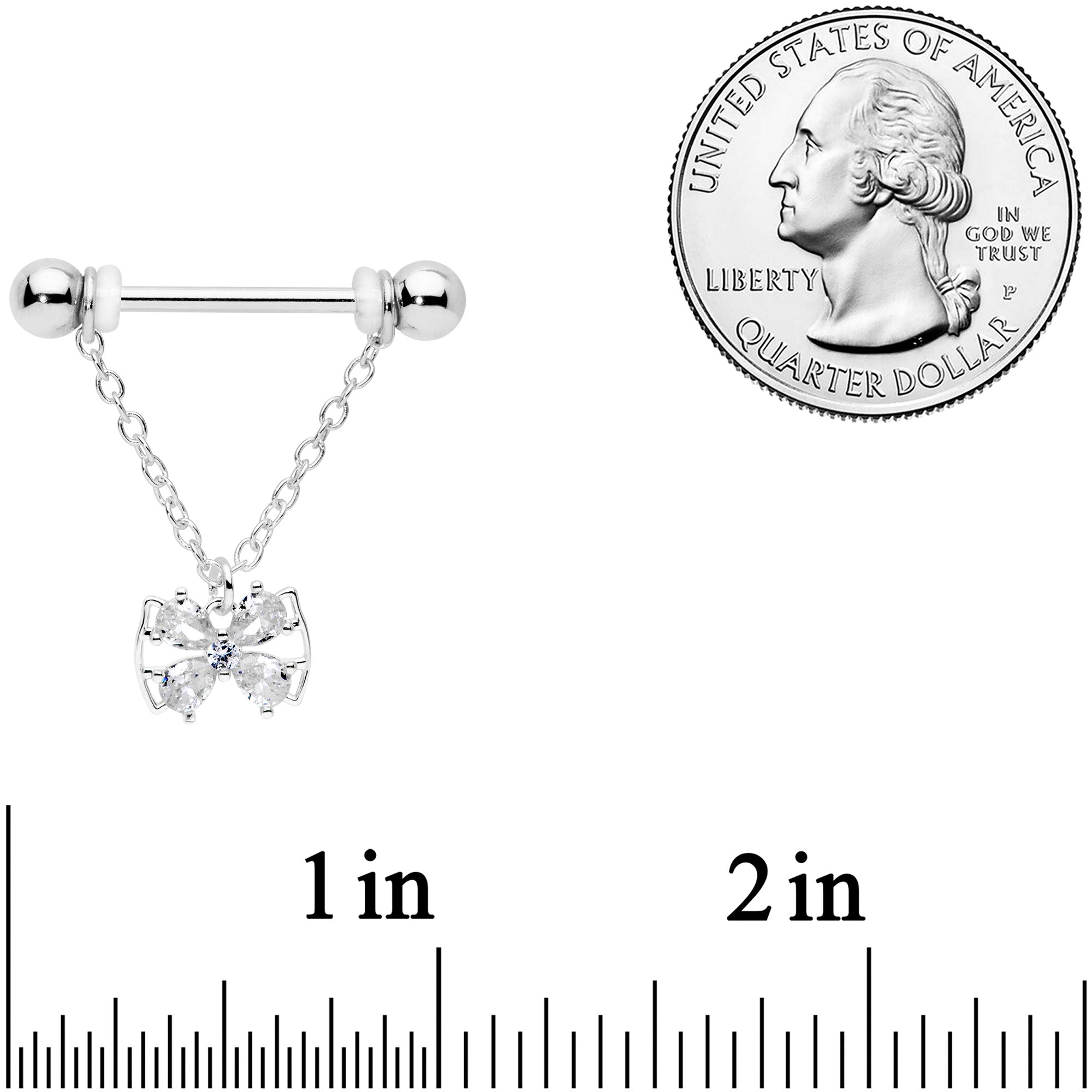 14 Gauge 11/16 Clear CZ Gem Beauty Bow Chain Dangle Nipple Ring Set