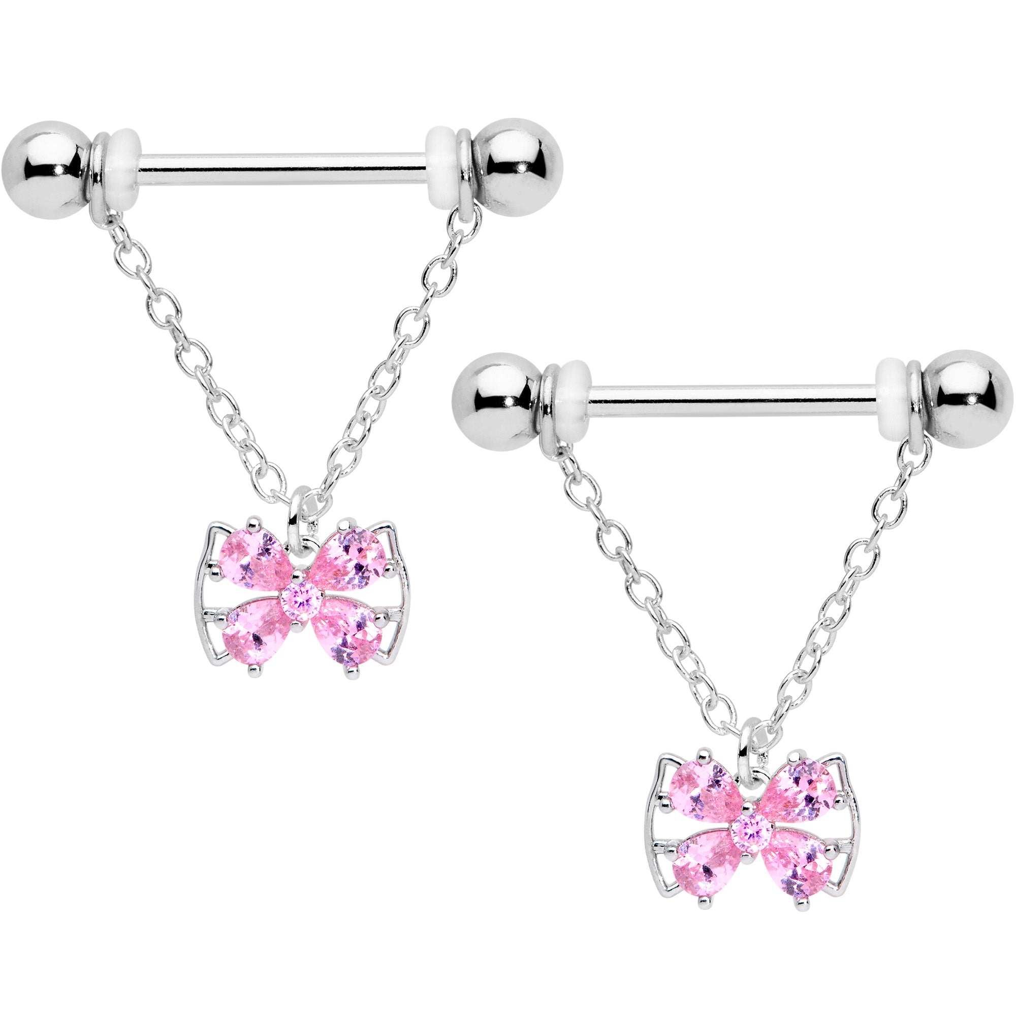 14 Gauge 11/16 Pink CZ Gem Beauty Bow Chain Dangle Nipple Ring Set