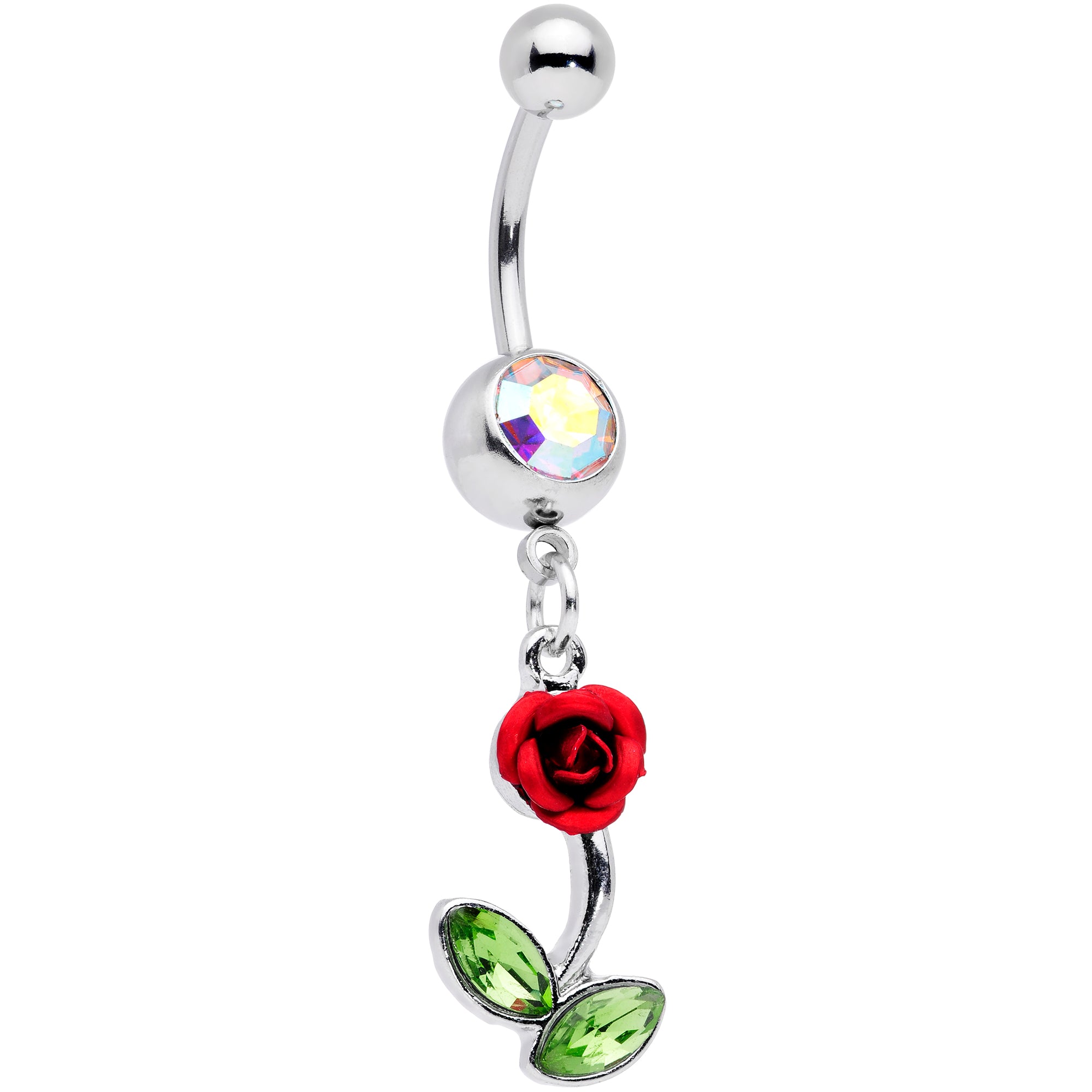 Green Aurora Gem Red Rose Valentines Day Dangle Belly Ring