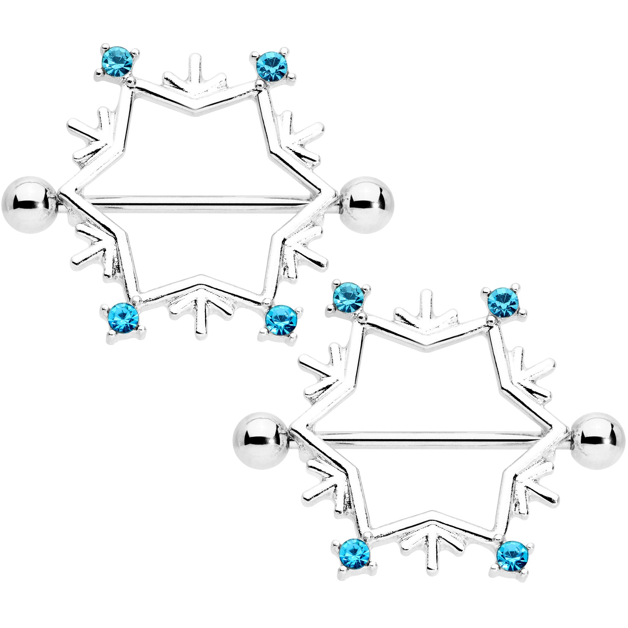 14 Gauge 3/4 Aqua Gem Snowflake Christmas Nipple Shield Set