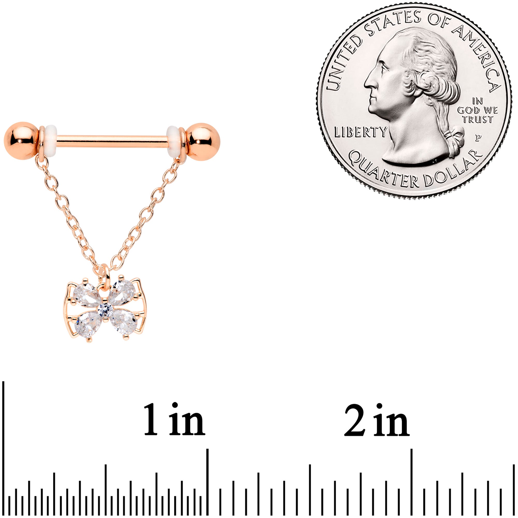 14 Gauge 11/16 Clear CZ Gem Rose Gold Hue Bow Chain Nipple Ring Set