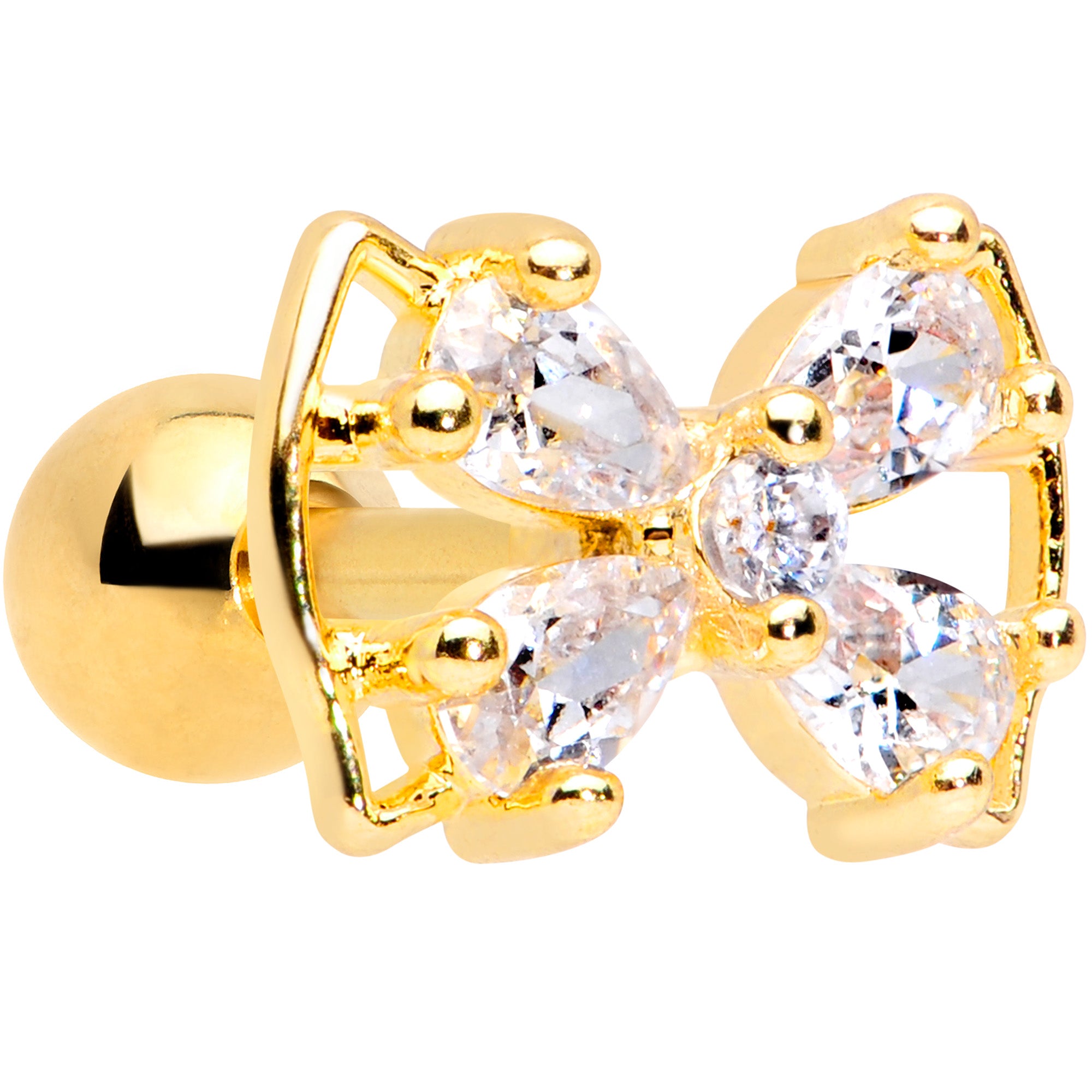 16 Gauge 1/4 Clear CZ Gem Gold Tone Beauty Bow Cartilage Tragus