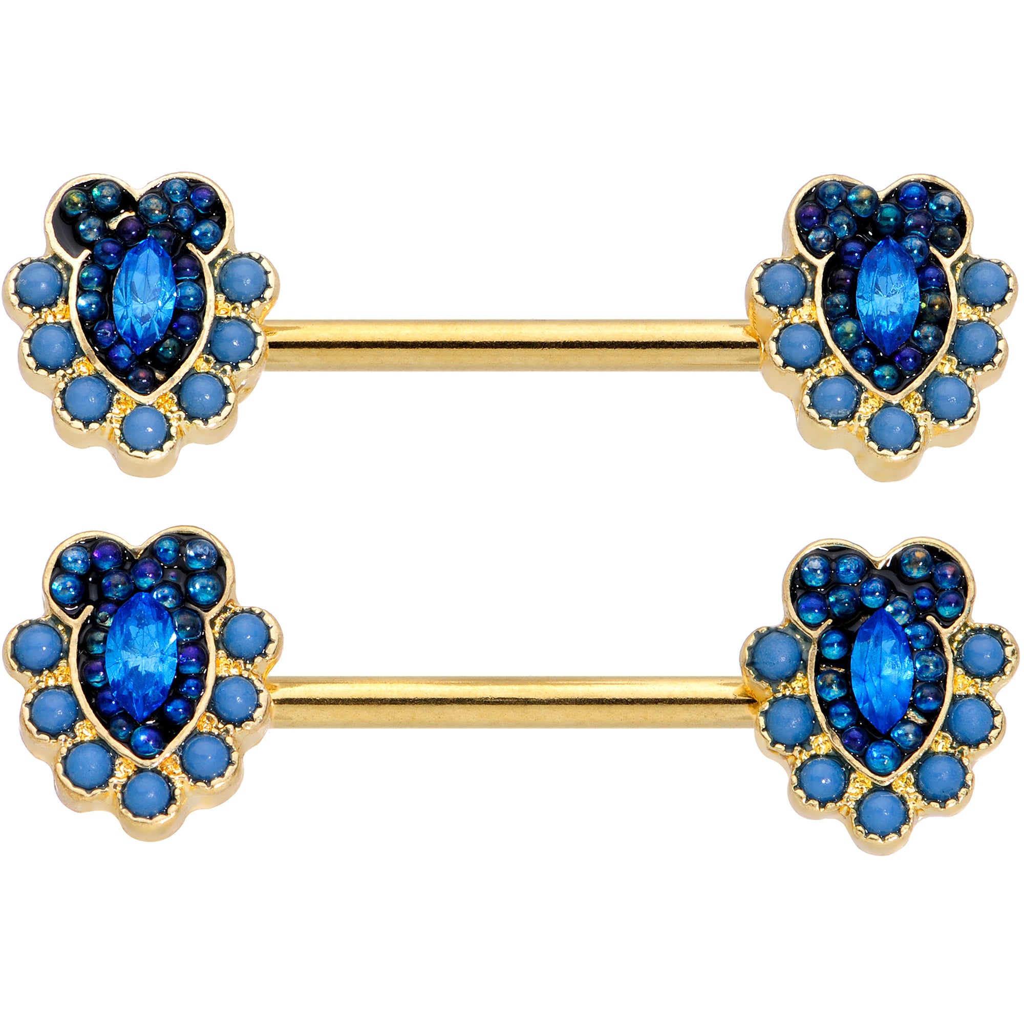 14 Gauge 9/16 Blue Gem Gold Tone Opulent Oval Barbell Nipple Ring Set