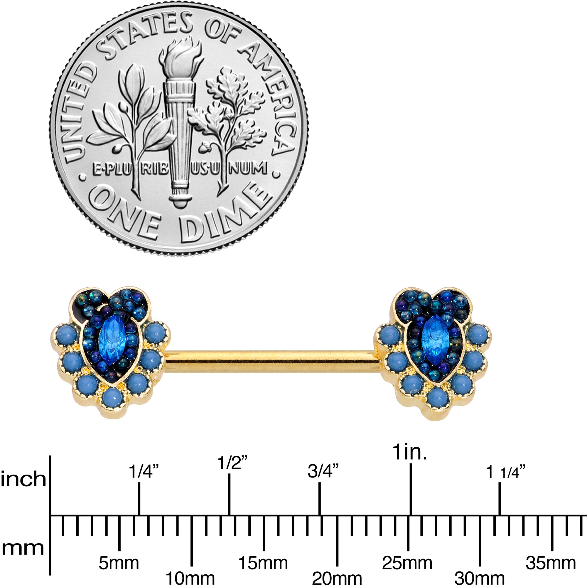 14 Gauge 9/16 Blue Gem Gold Tone Opulent Oval Barbell Nipple Ring Set