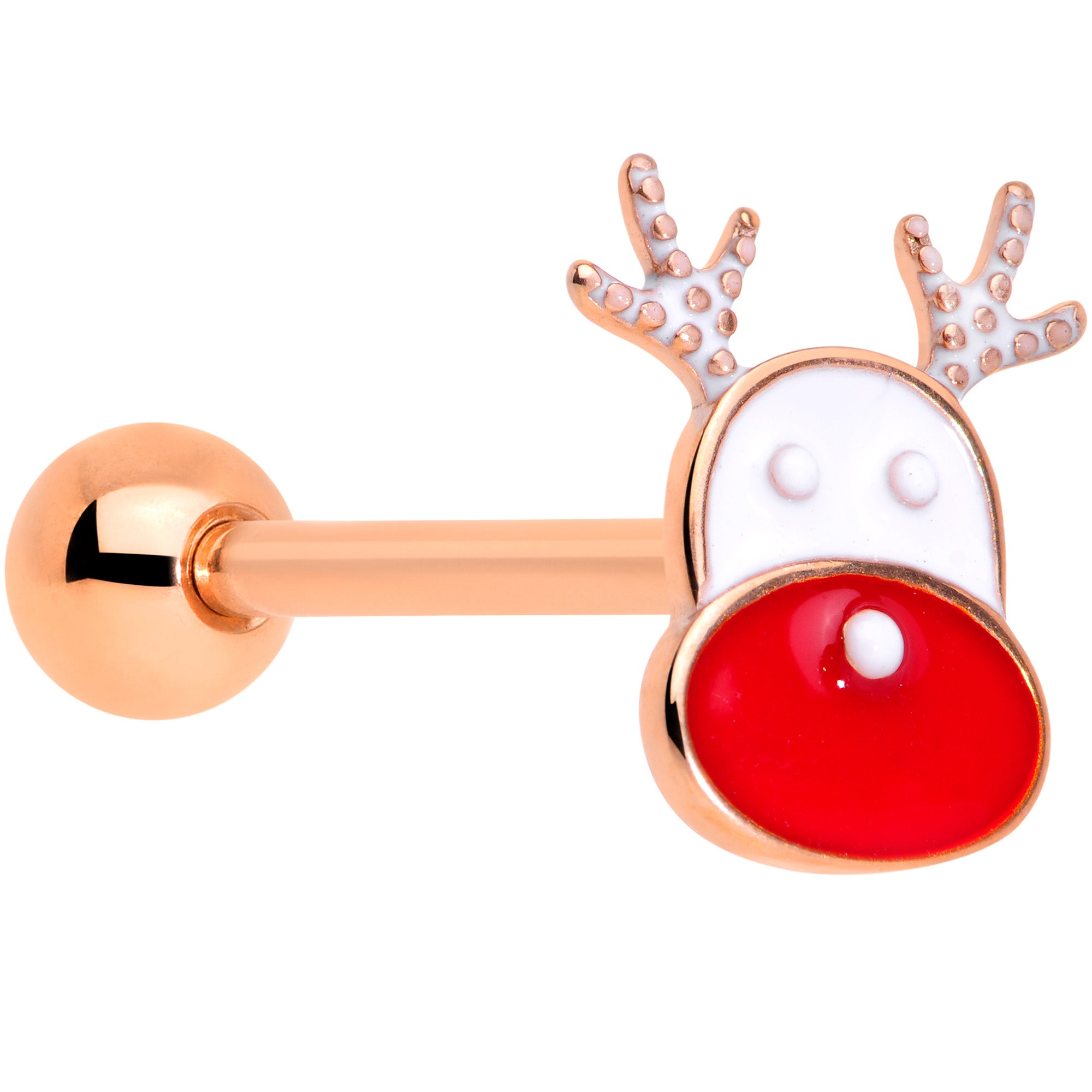 Rose Gold Tone Reindeer Red Nosed Christmas Barbell Tongue Ring