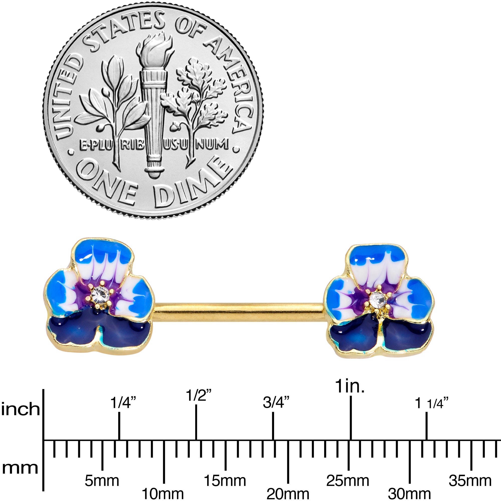 14 Gauge 9/16 Clear Gem Gold Tone Blue Spring Flower Nipple Ring Set