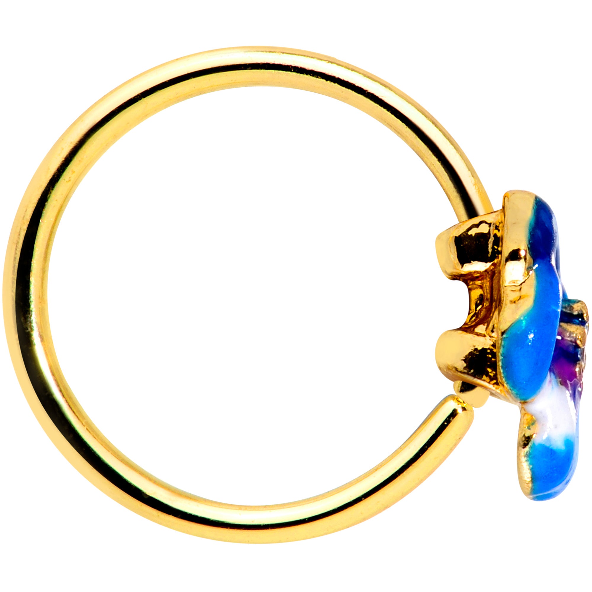 20 Gauge 5/16 Clear CZ Gem Gold Tone Blue Spring Flower Nose Hoop