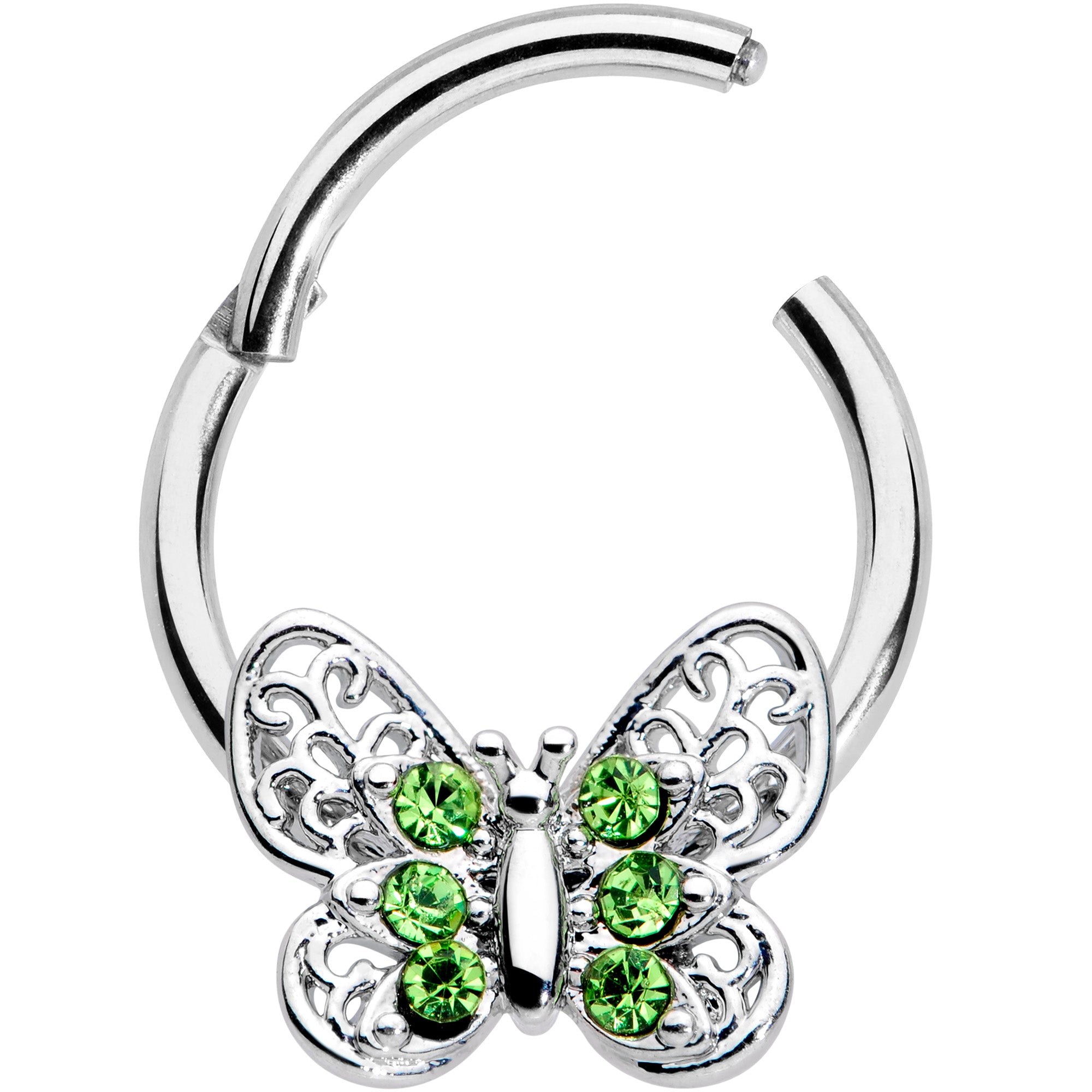 16 Gauge 3/8 Green Gem Lacy Butterfly Hinged Segment Ring