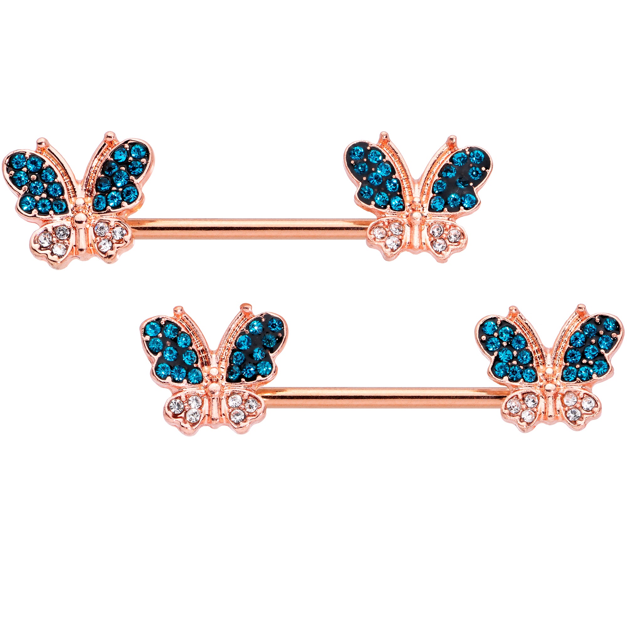 14 Gauge 9/16 Clear Aqua Gem Rose Gold Tone Butterfly Nipple Ring Set