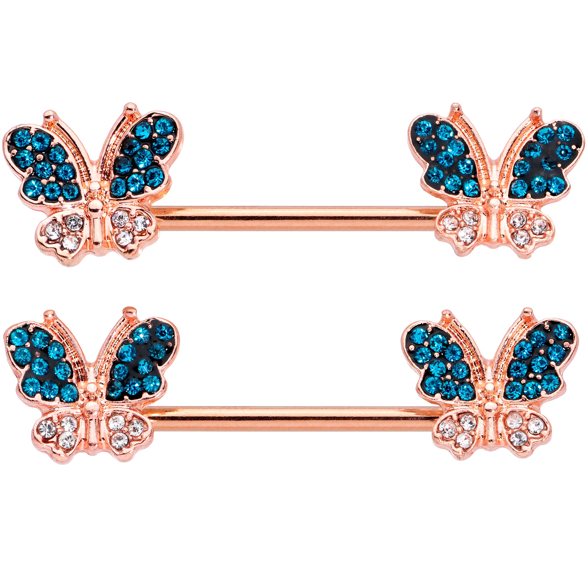 14 Gauge 9/16 Clear Aqua Gem Rose Gold Tone Butterfly Nipple Ring Set